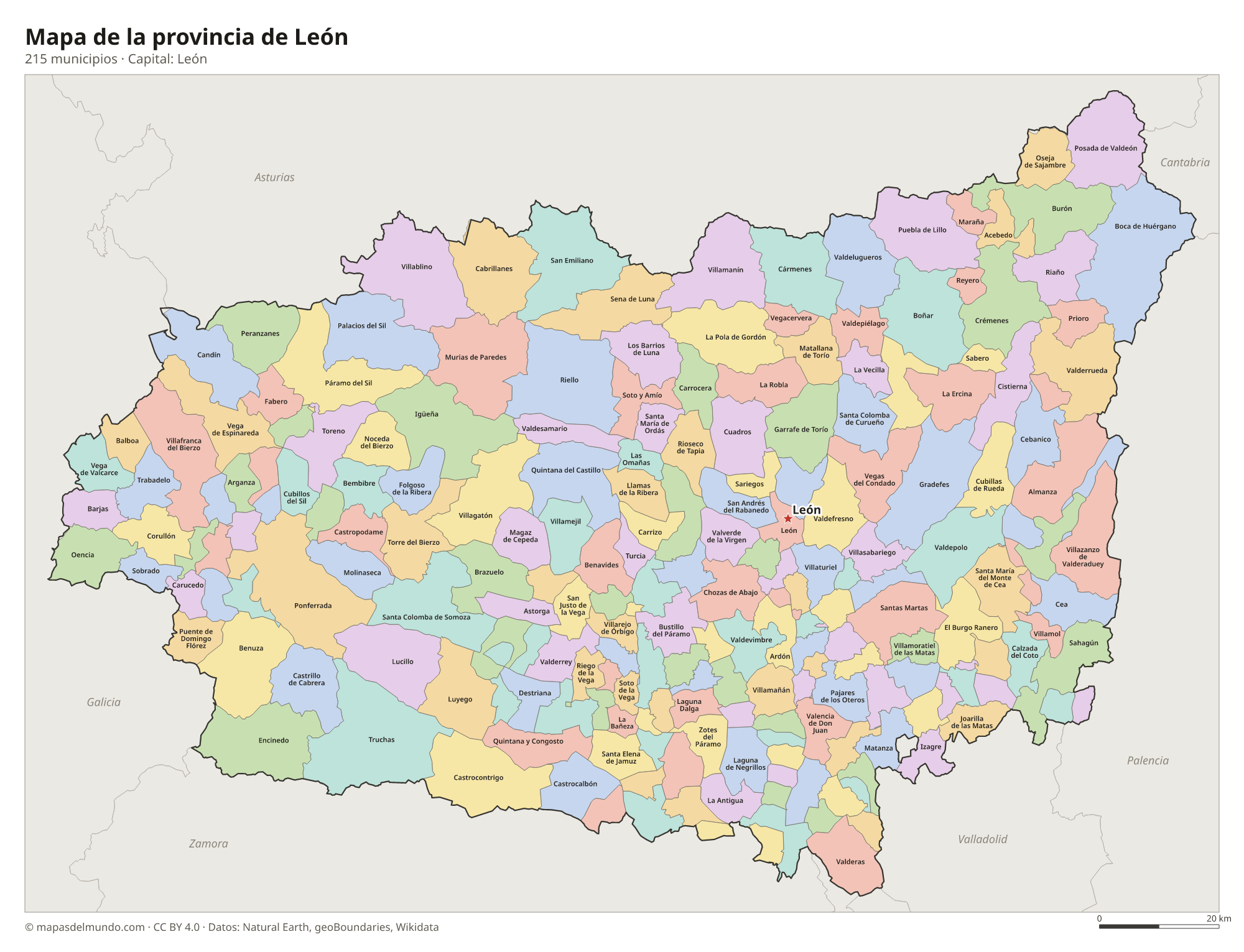 Mapa de la provincia de León con sus 215 municipios