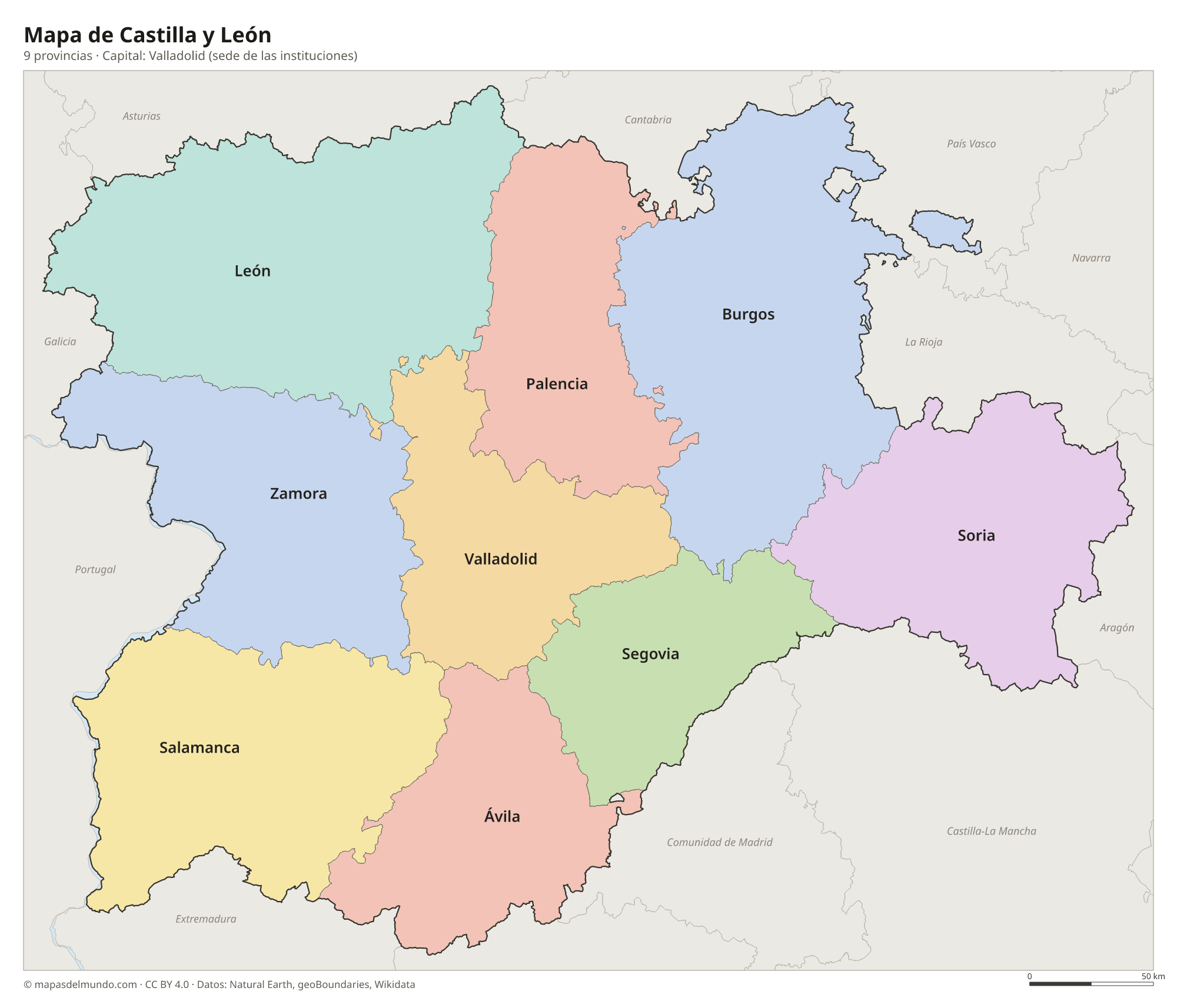 Mapa de Castilla y León con sus 9 provincias