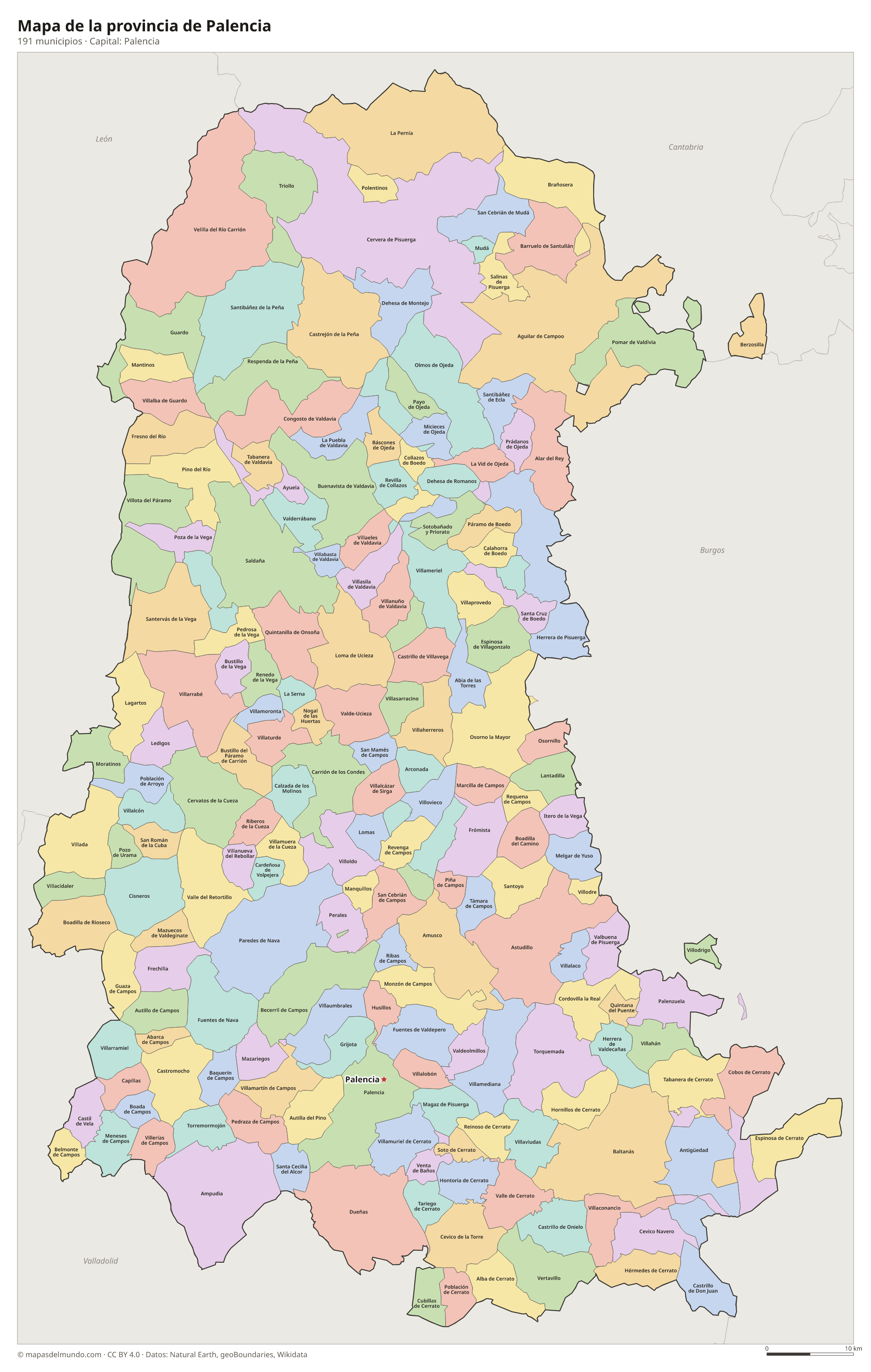 Mapa de la provincia de Palencia con sus 191 municipios