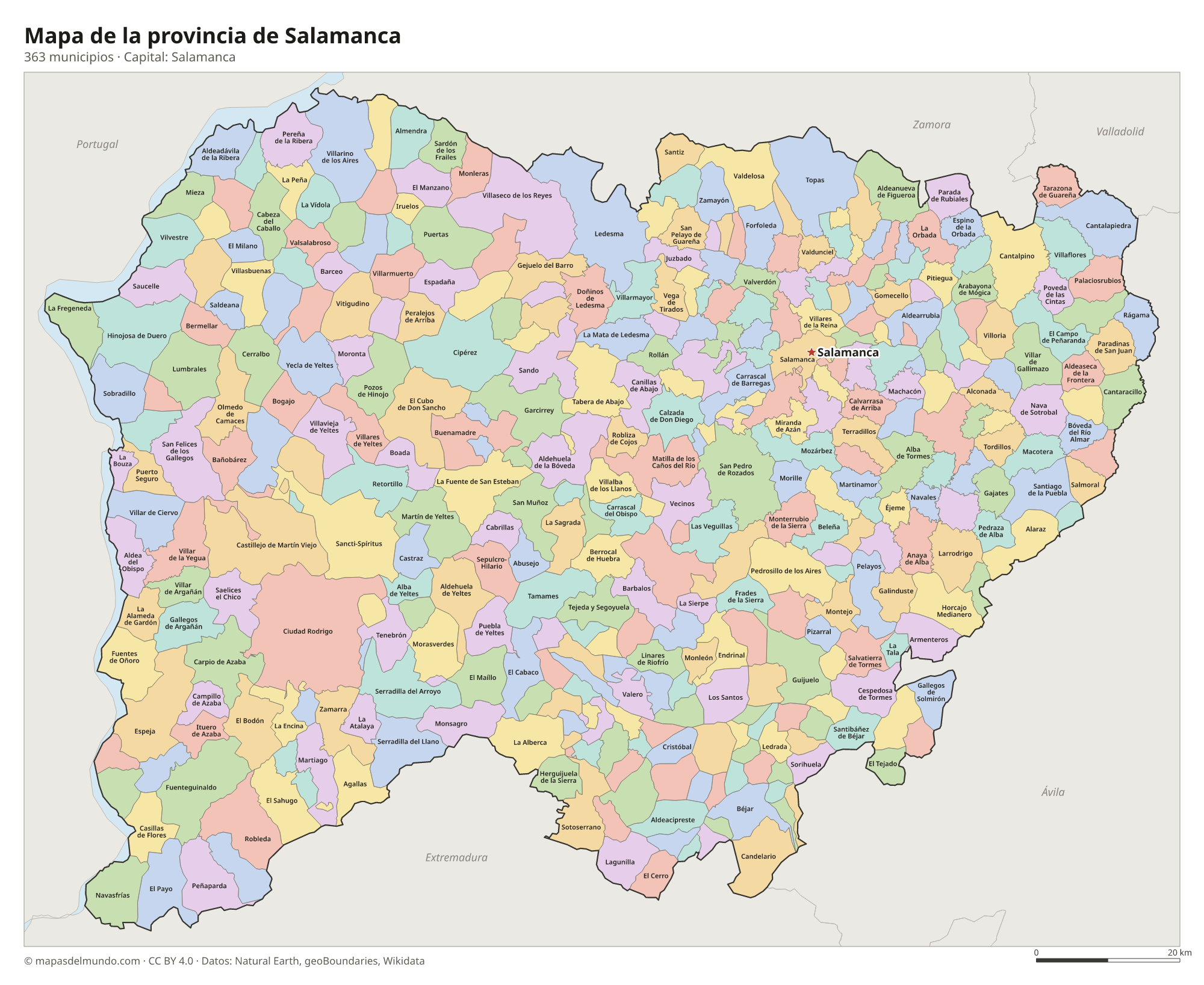Mapa de la provincia de Salamanca con sus 363 municipios
