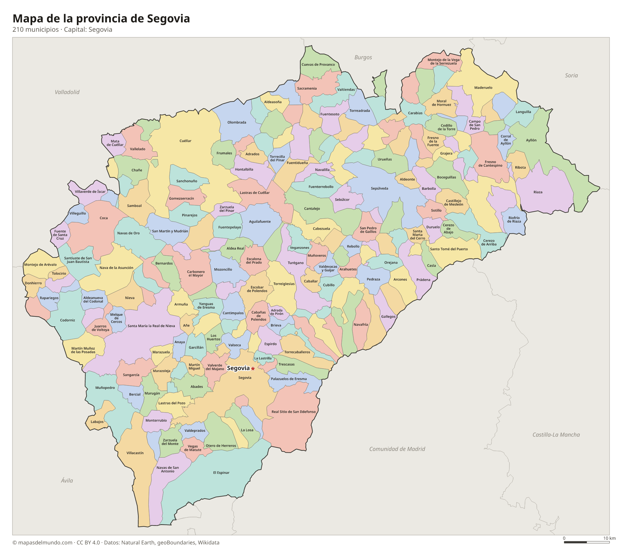 Mapa de la provincia de Segovia con sus 210 municipios