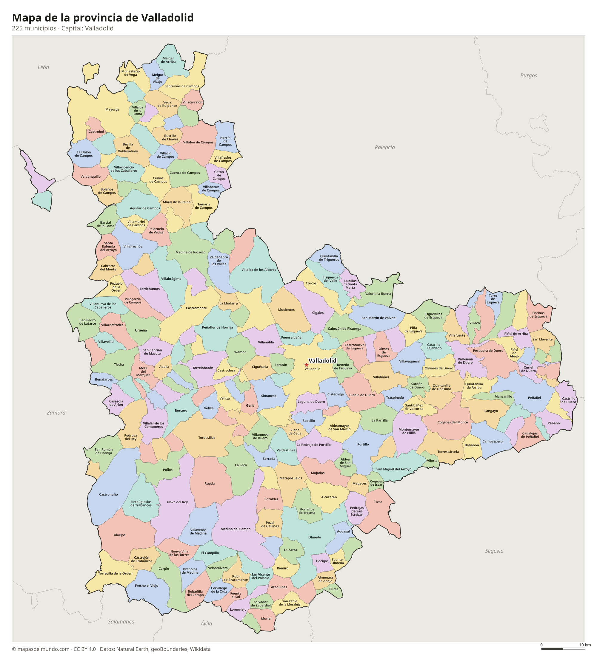 Mapa de la provincia de Valladolid con sus 225 municipios