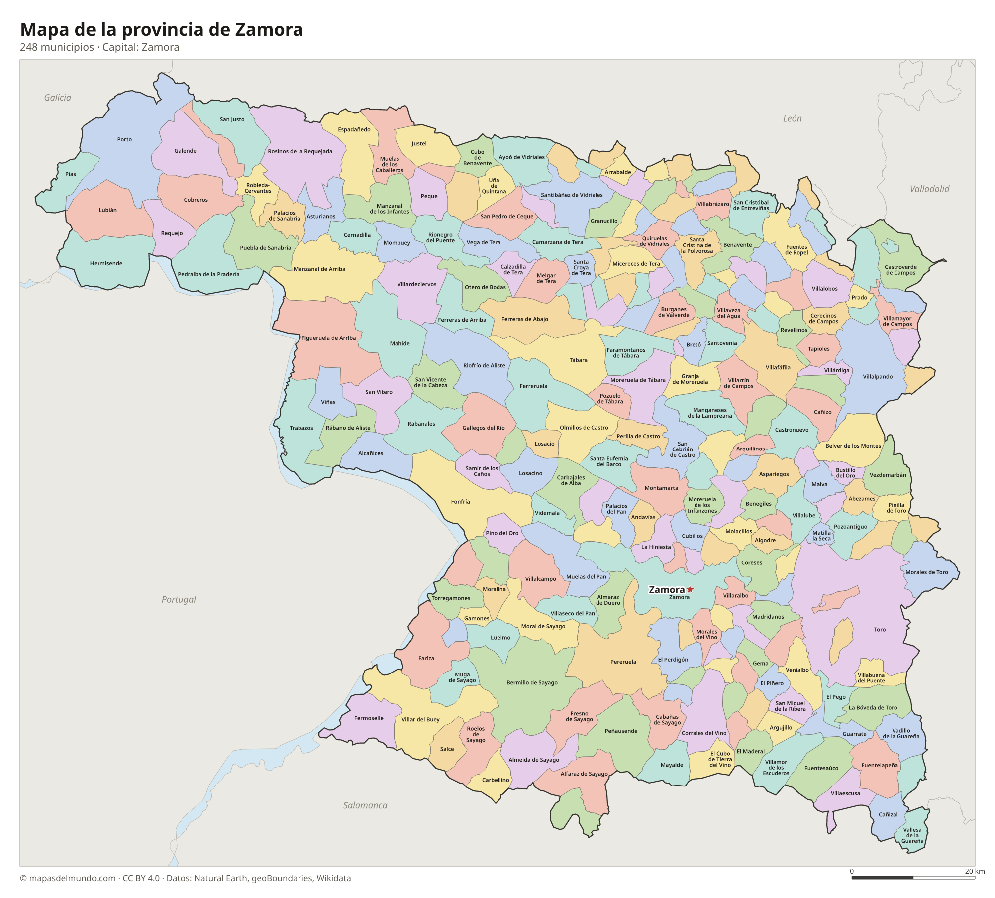 Mapa de la provincia de Zamora con sus 248 municipios