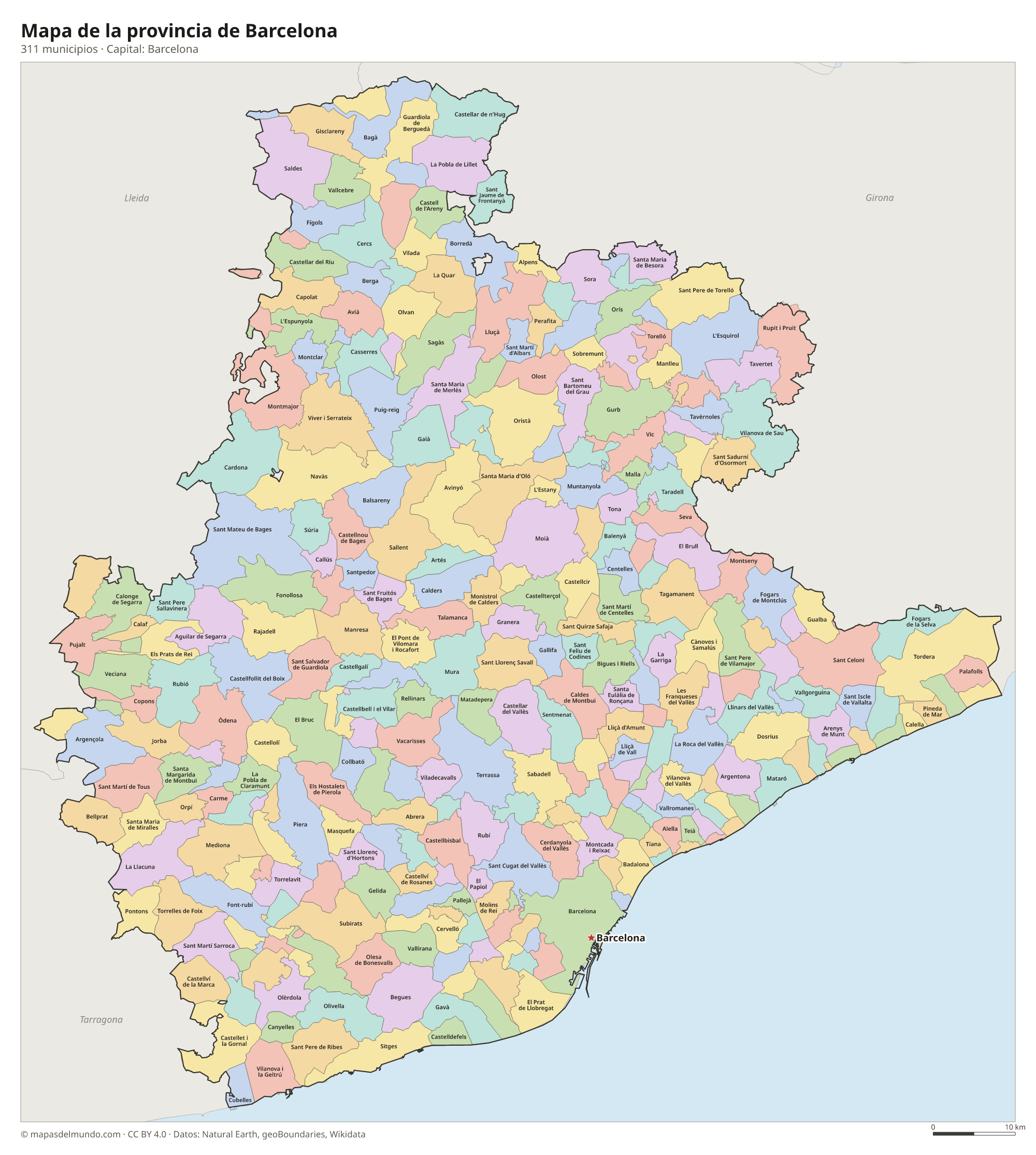 Mapa de la provincia de Barcelona con sus 311 municipios