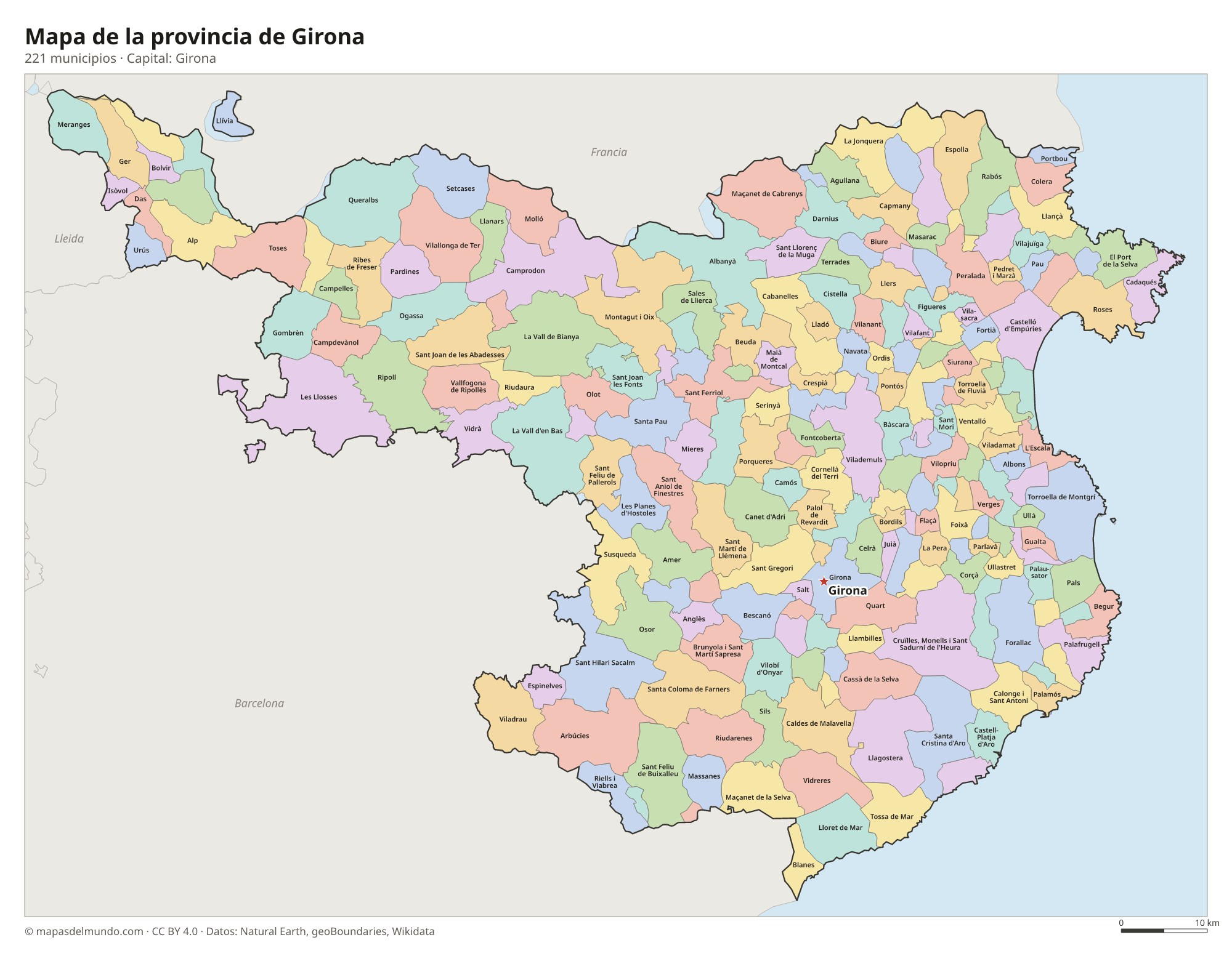 Mapa de la provincia de Girona con sus 221 municipios
