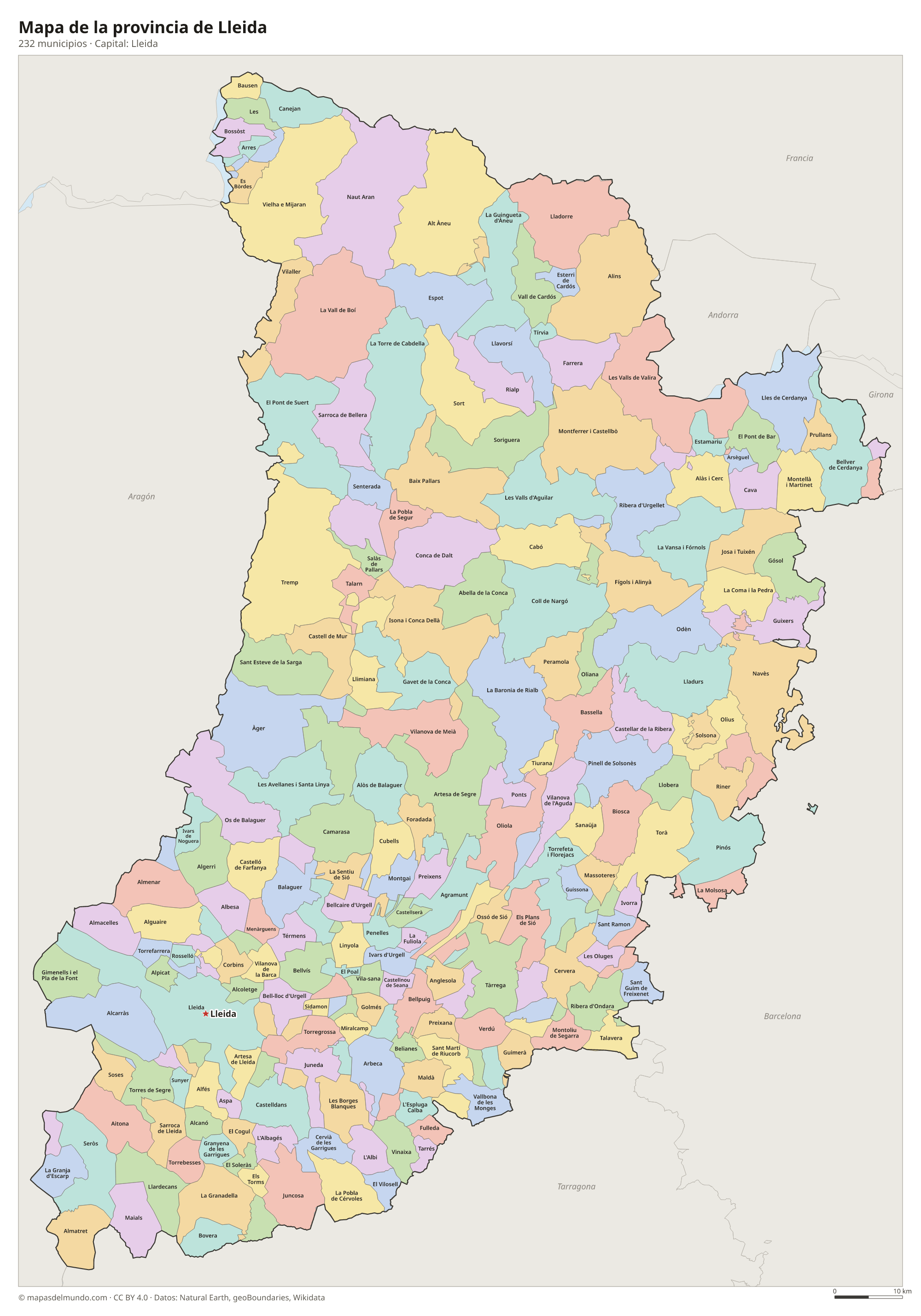 Mapa de la provincia de Lleida con sus 232 municipios