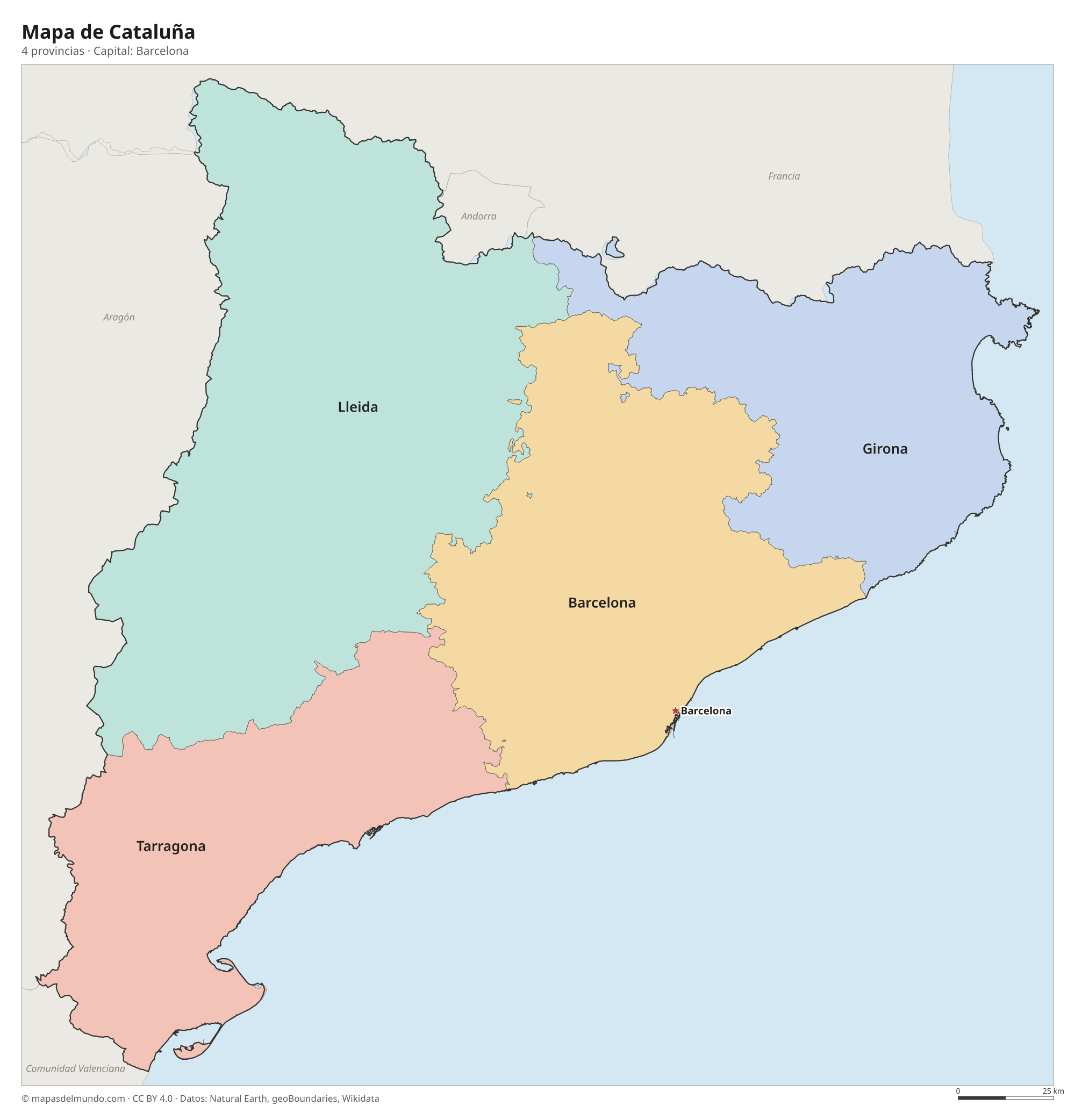 Mapa de Cataluña con sus 4 provincias