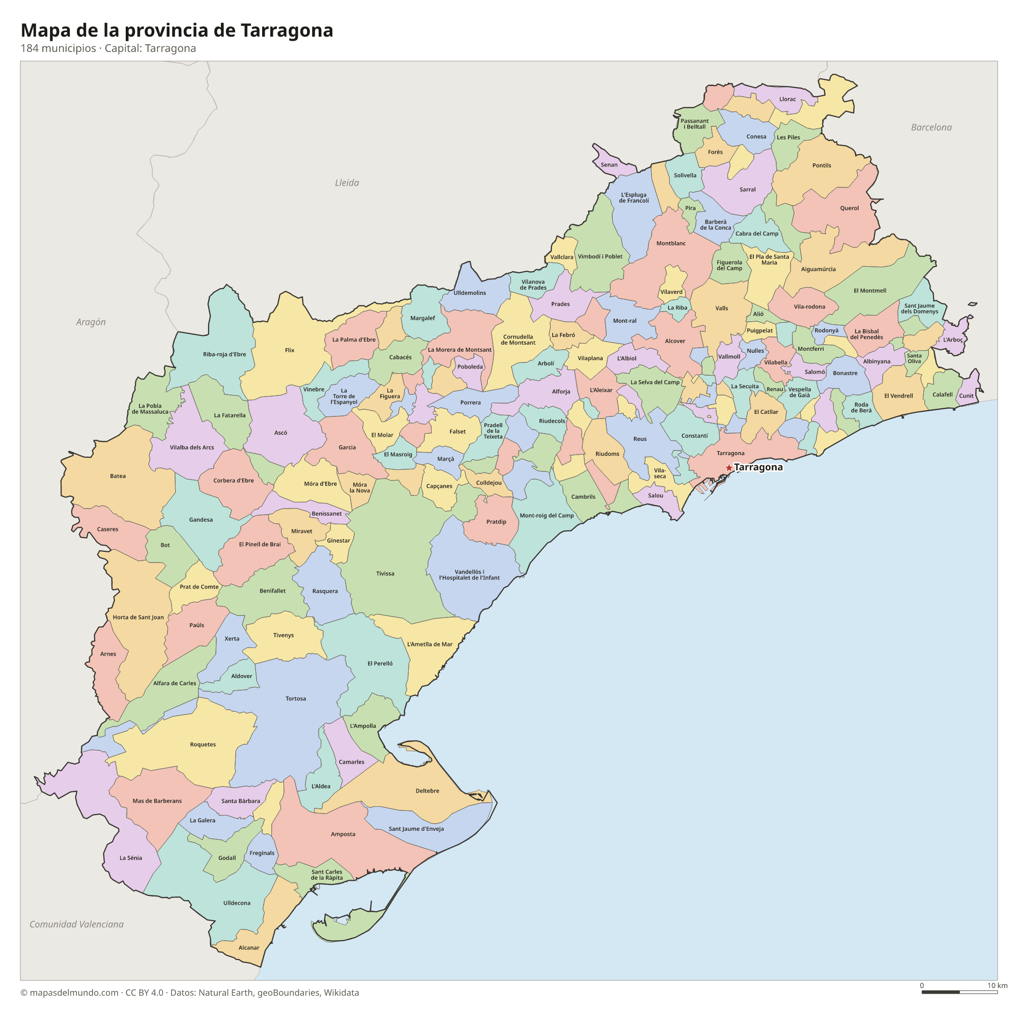 Mapa de la provincia de Tarragona con sus 184 municipios