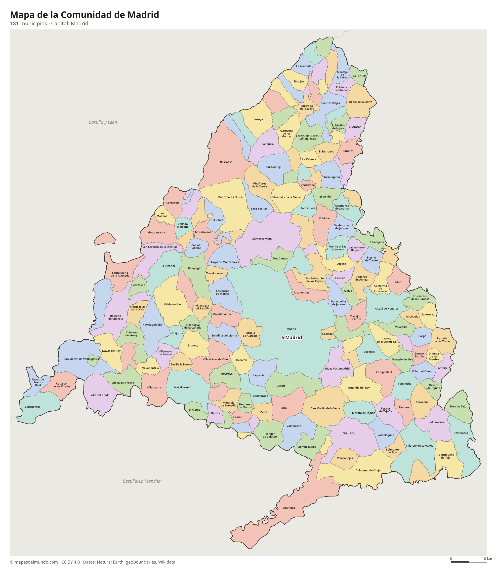 Mapa de la Comunidad de Madrid con sus 181 municipios