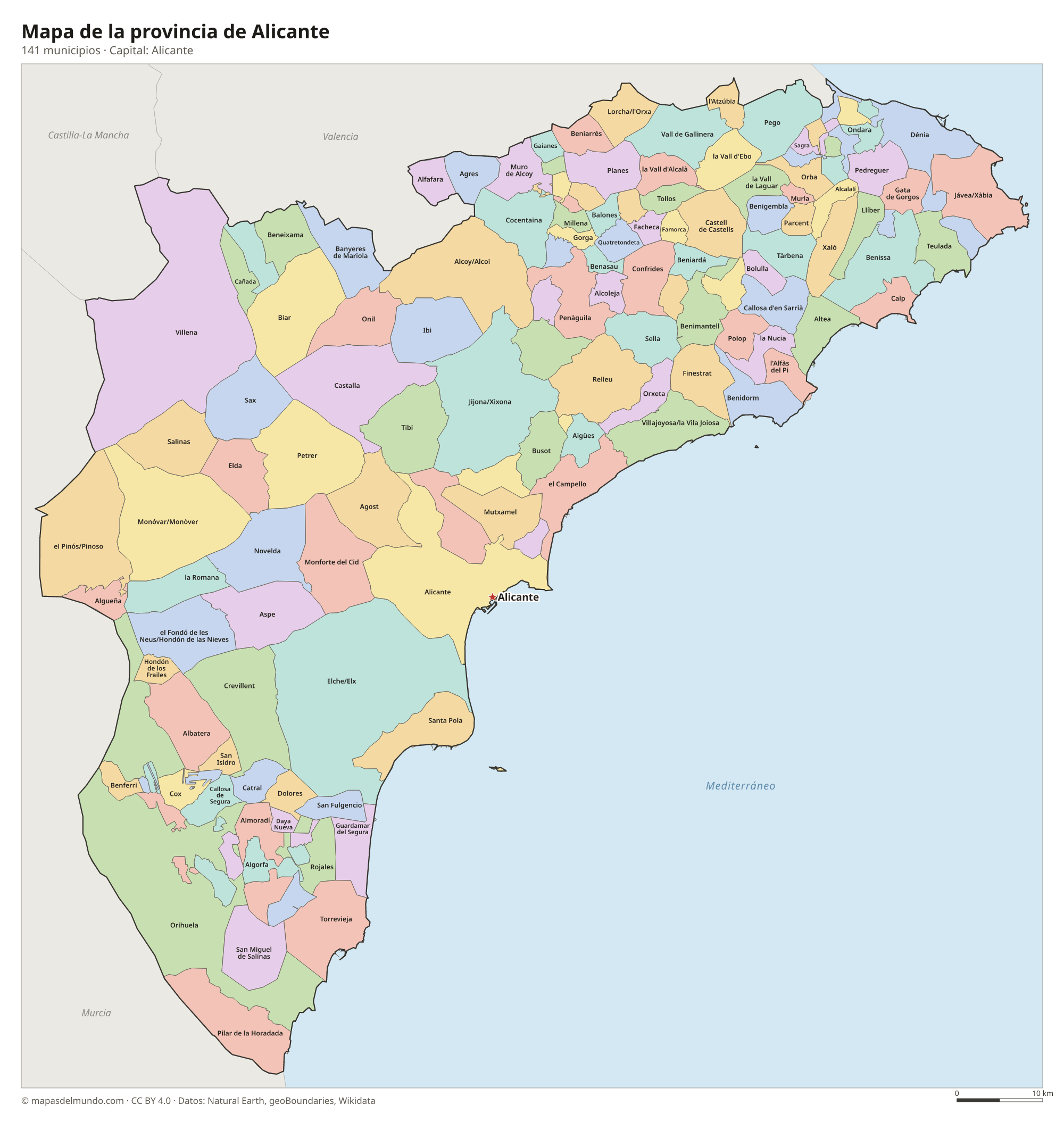 Mapa de la provincia de Alicante con sus 141 municipios