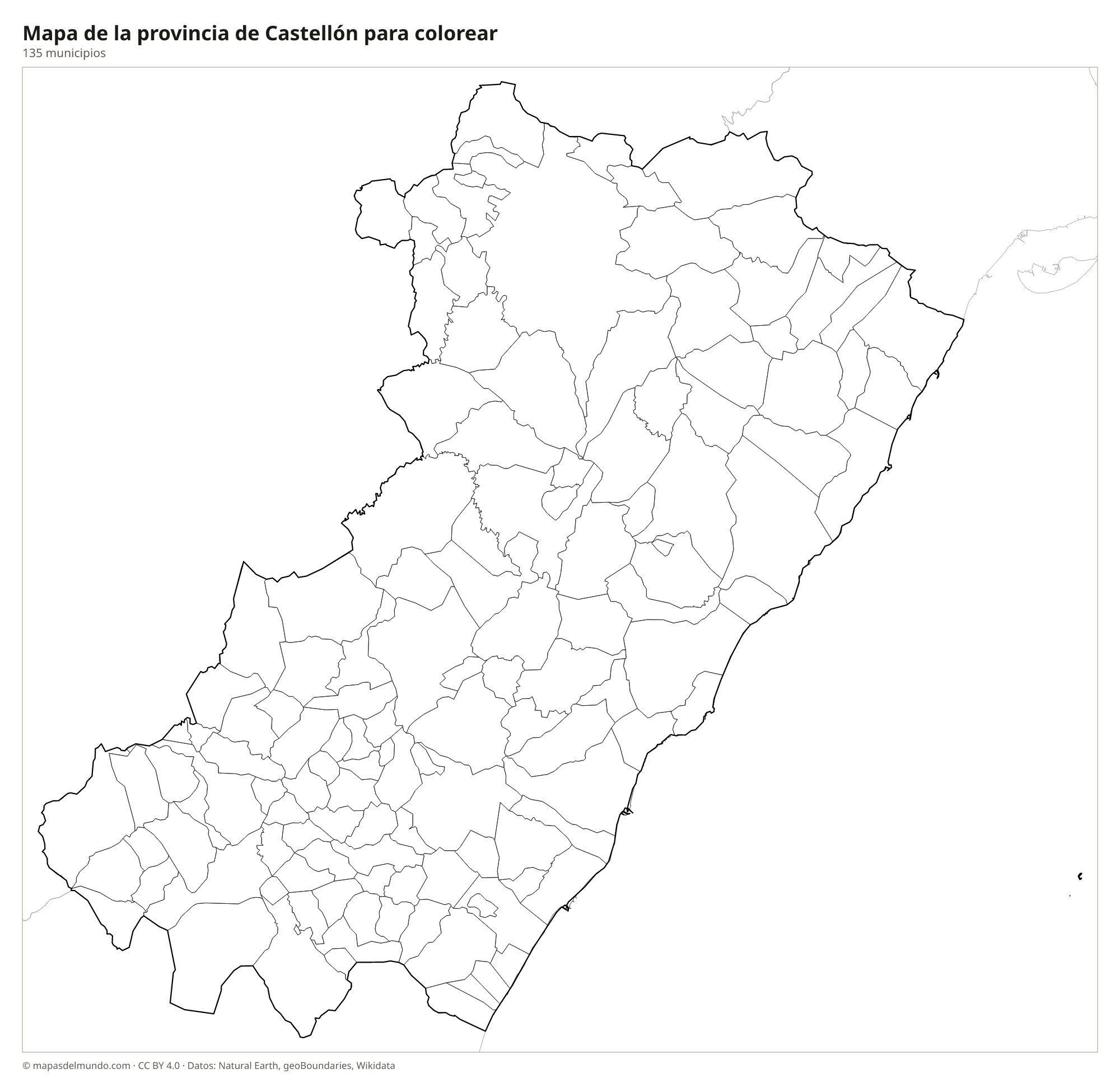 Mapa de la provincia de Castellón para colorear