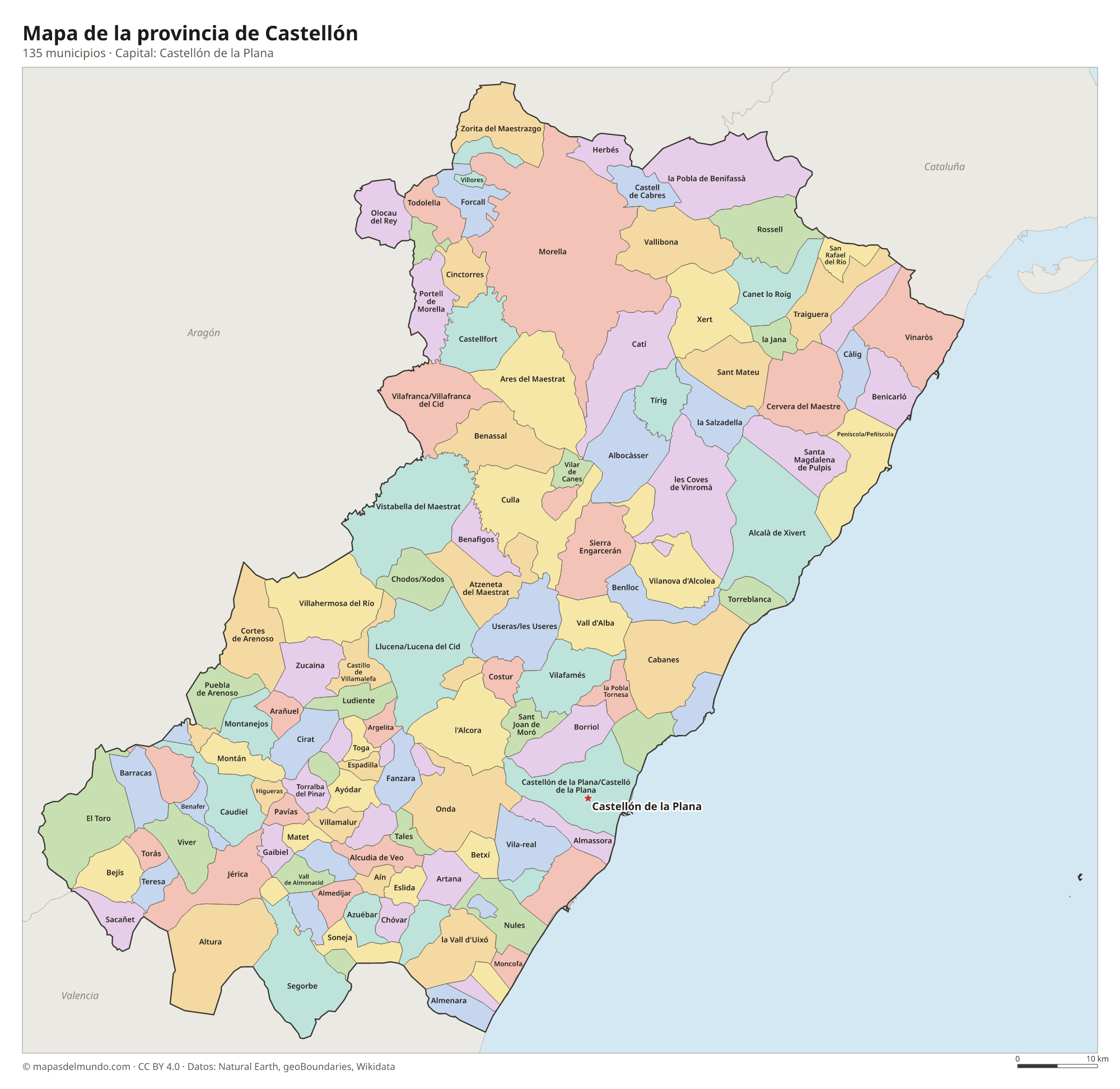 Mapa de la provincia de Castellón con sus 135 municipios