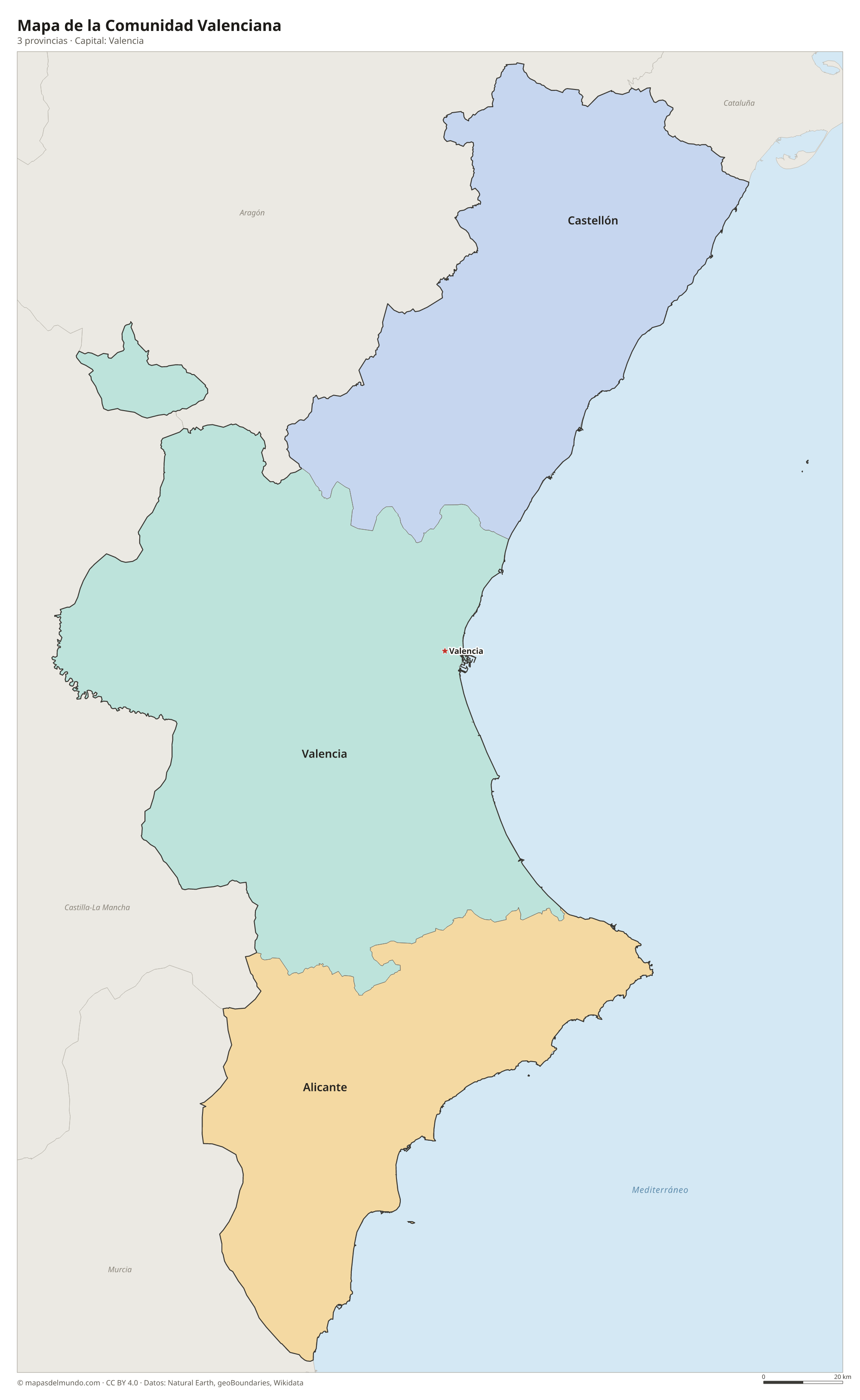 Mapa de la Comunidad Valenciana con sus 3 provincias