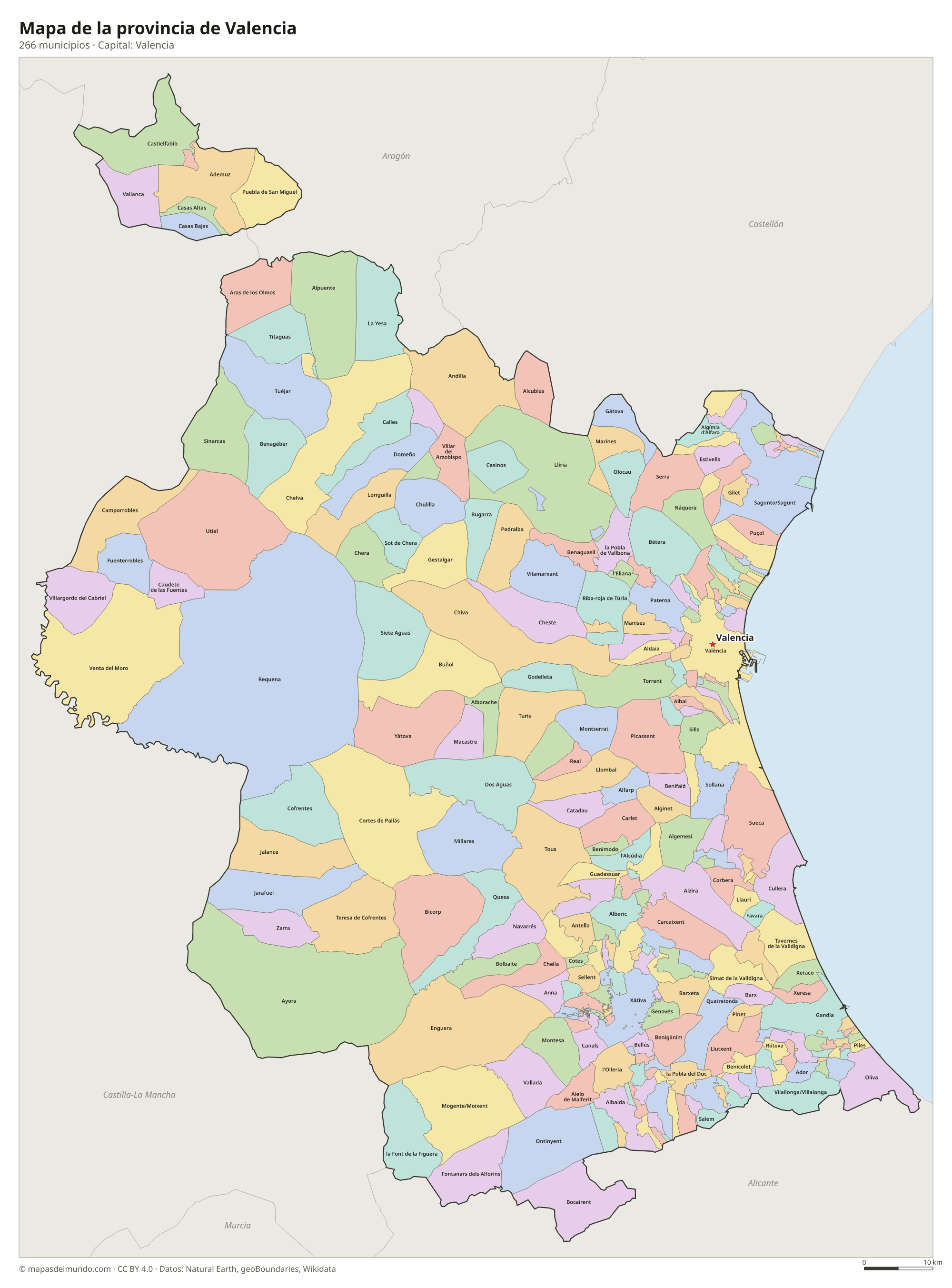 Mapa de la provincia de Valencia con sus 266 municipios