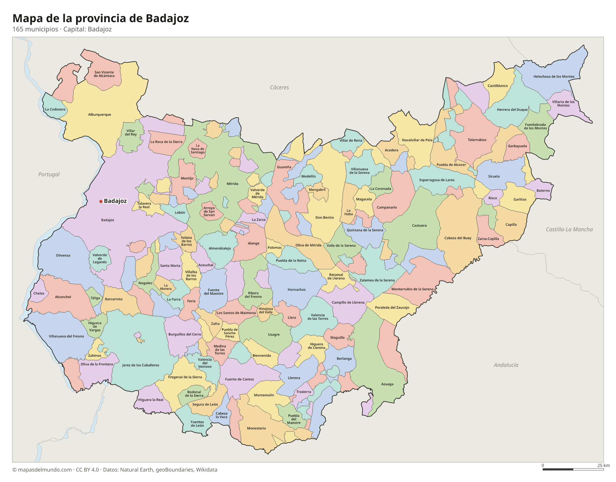 Mapa de la provincia de Badajoz con sus 165 municipios