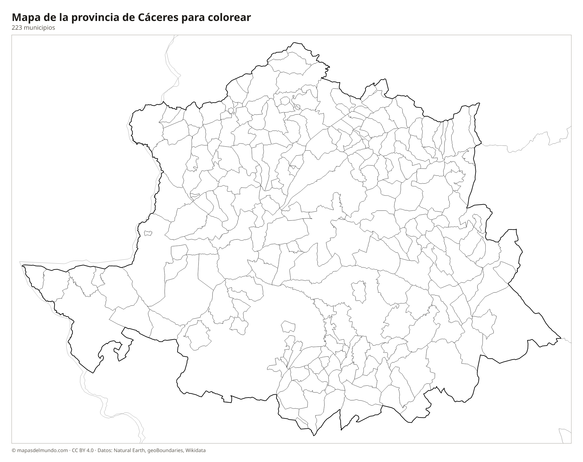 Mapa de la provincia de Cáceres para colorear