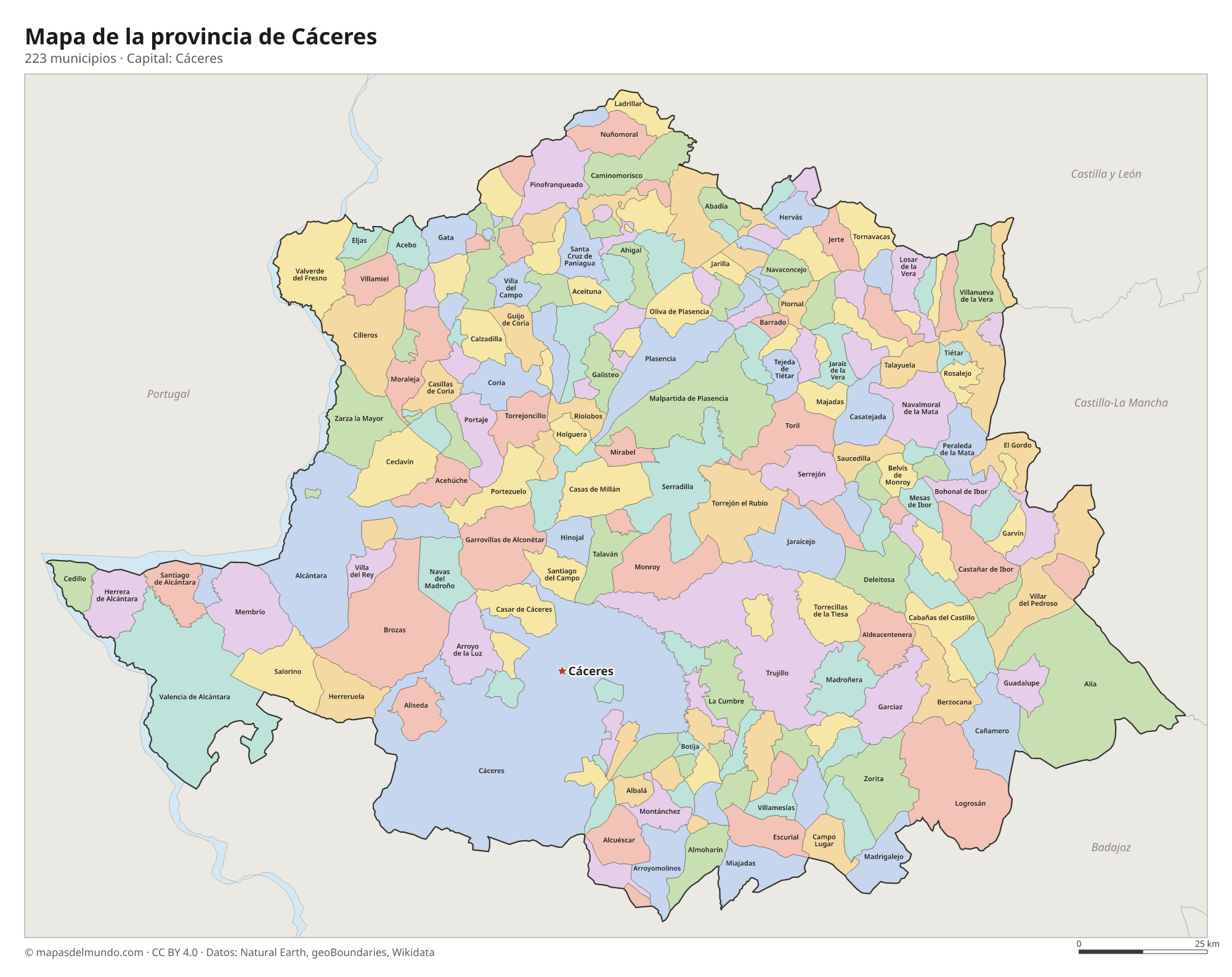 Mapa de la provincia de Cáceres con sus 223 municipios