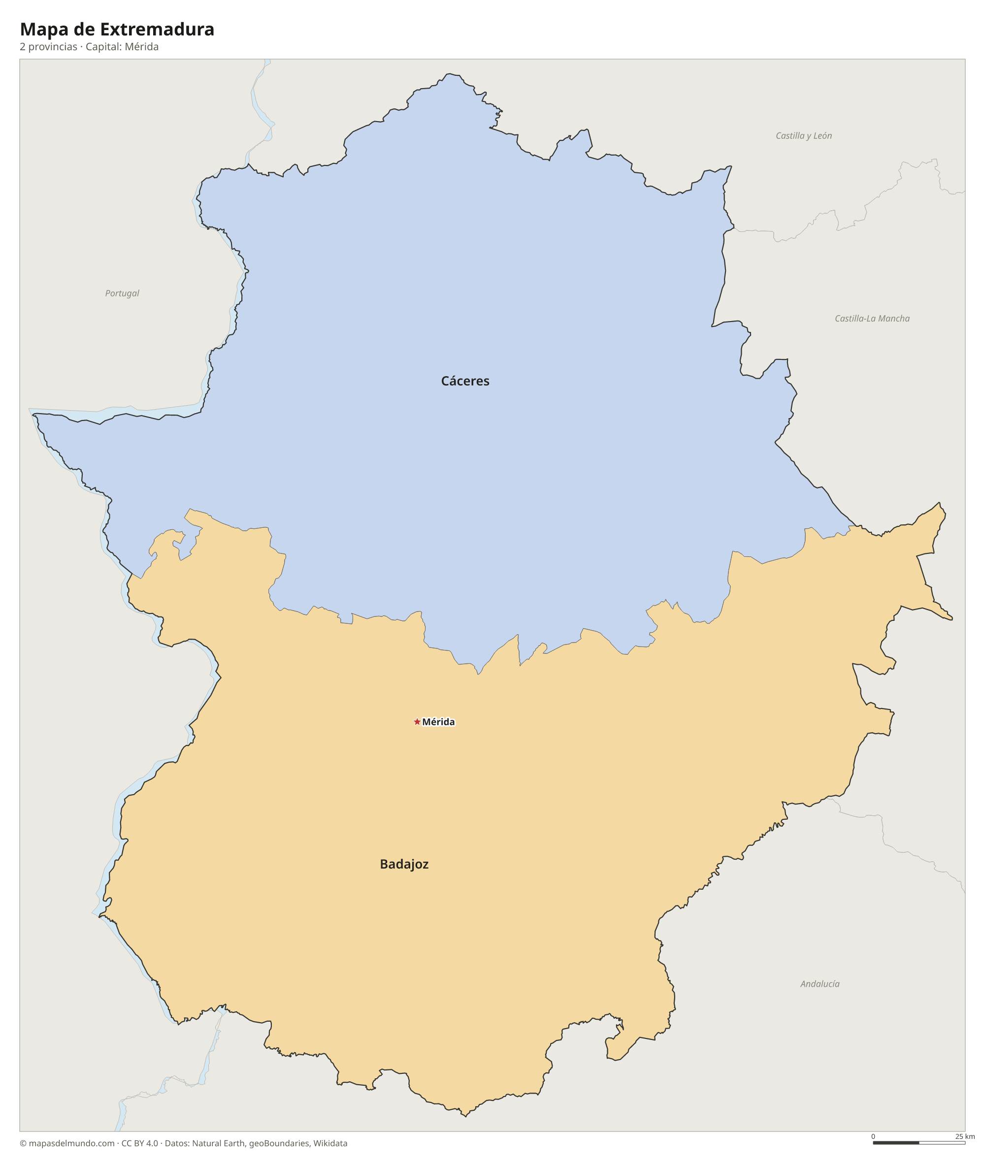 Mapa de Extremadura con sus 2 provincias