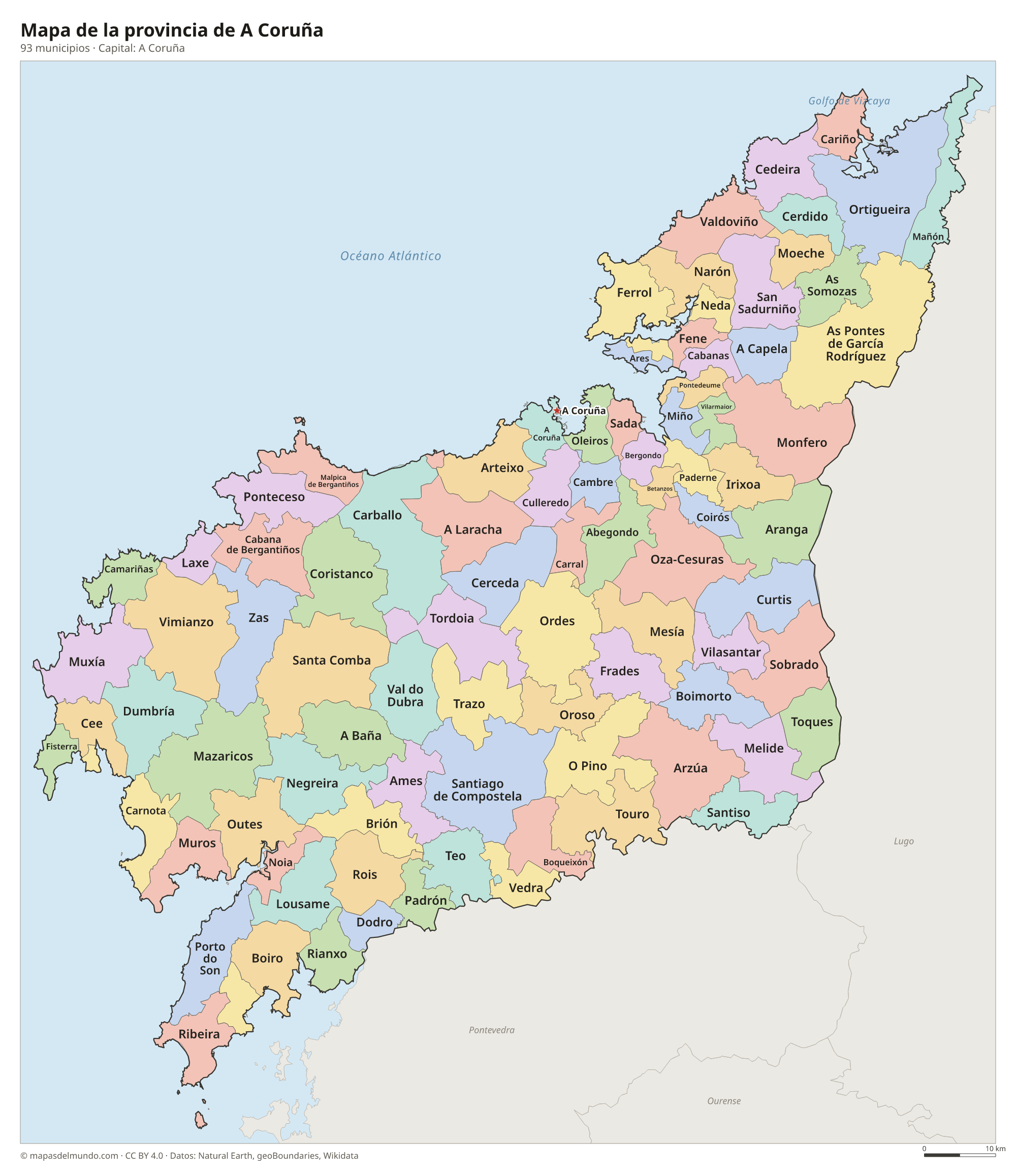 Mapa de la provincia de A Coruña con sus 93 municipios