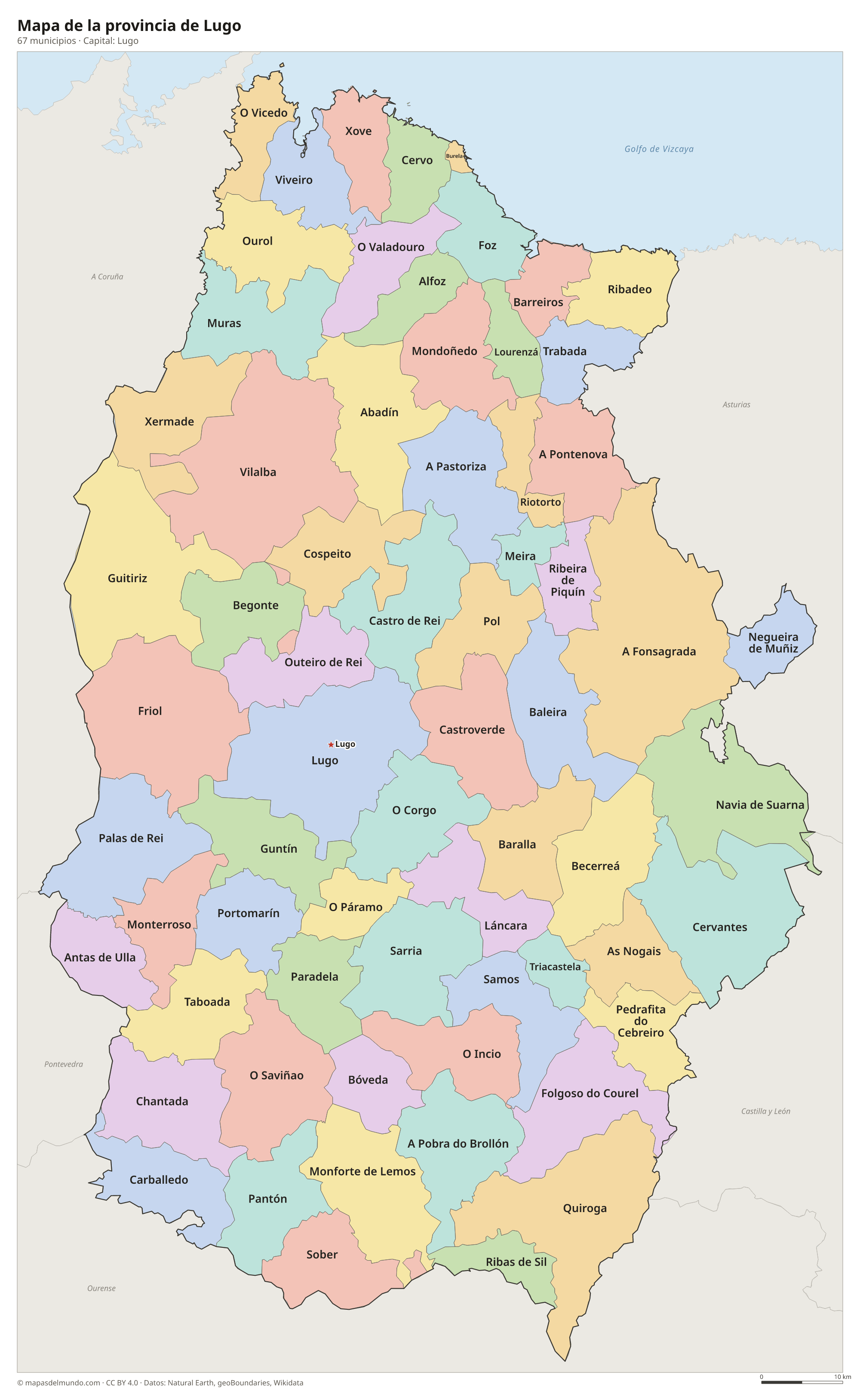 Mapa de la provincia de Lugo con sus 67 municipios
