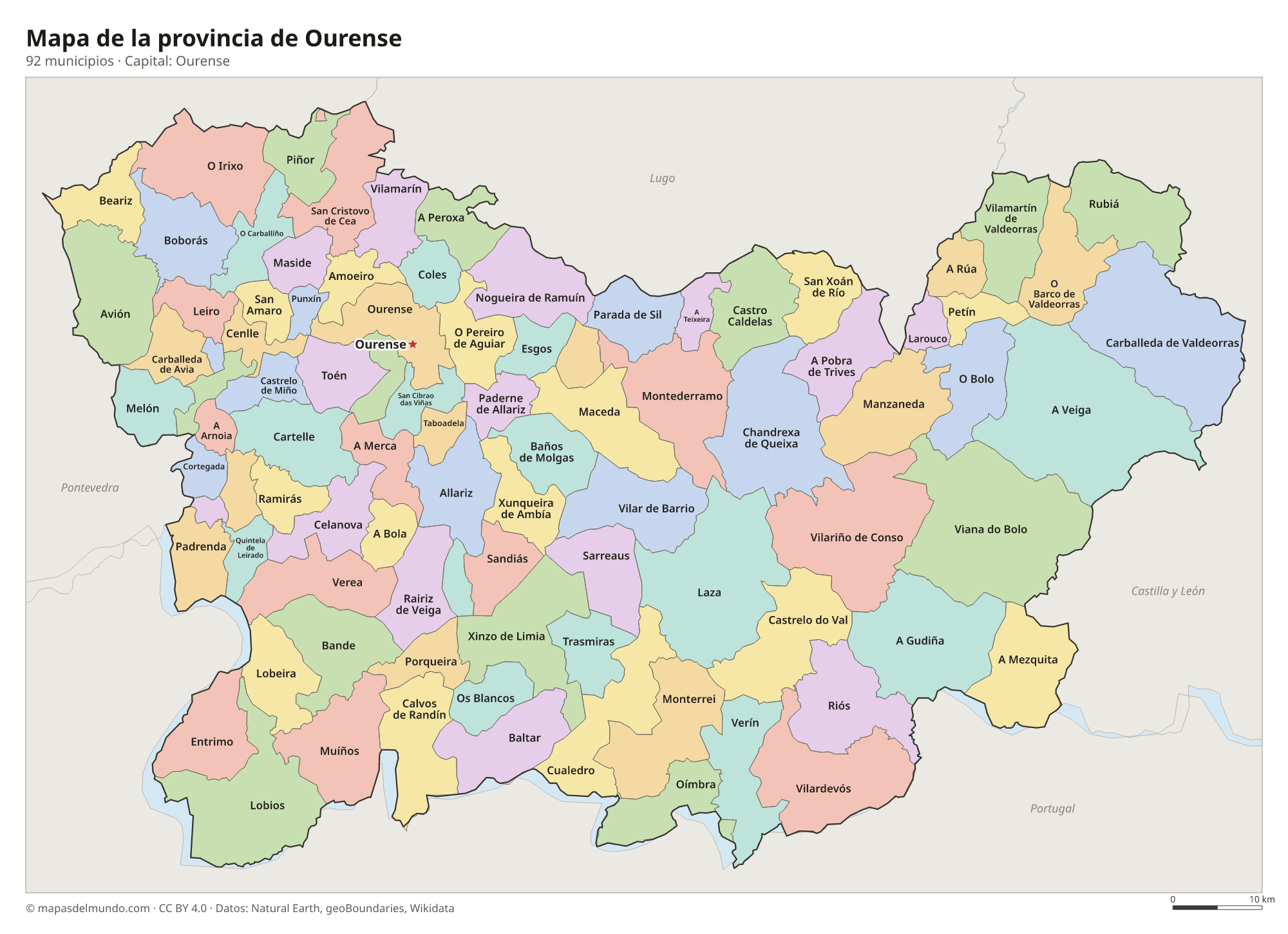 Mapa de la provincia de Ourense con sus 92 municipios