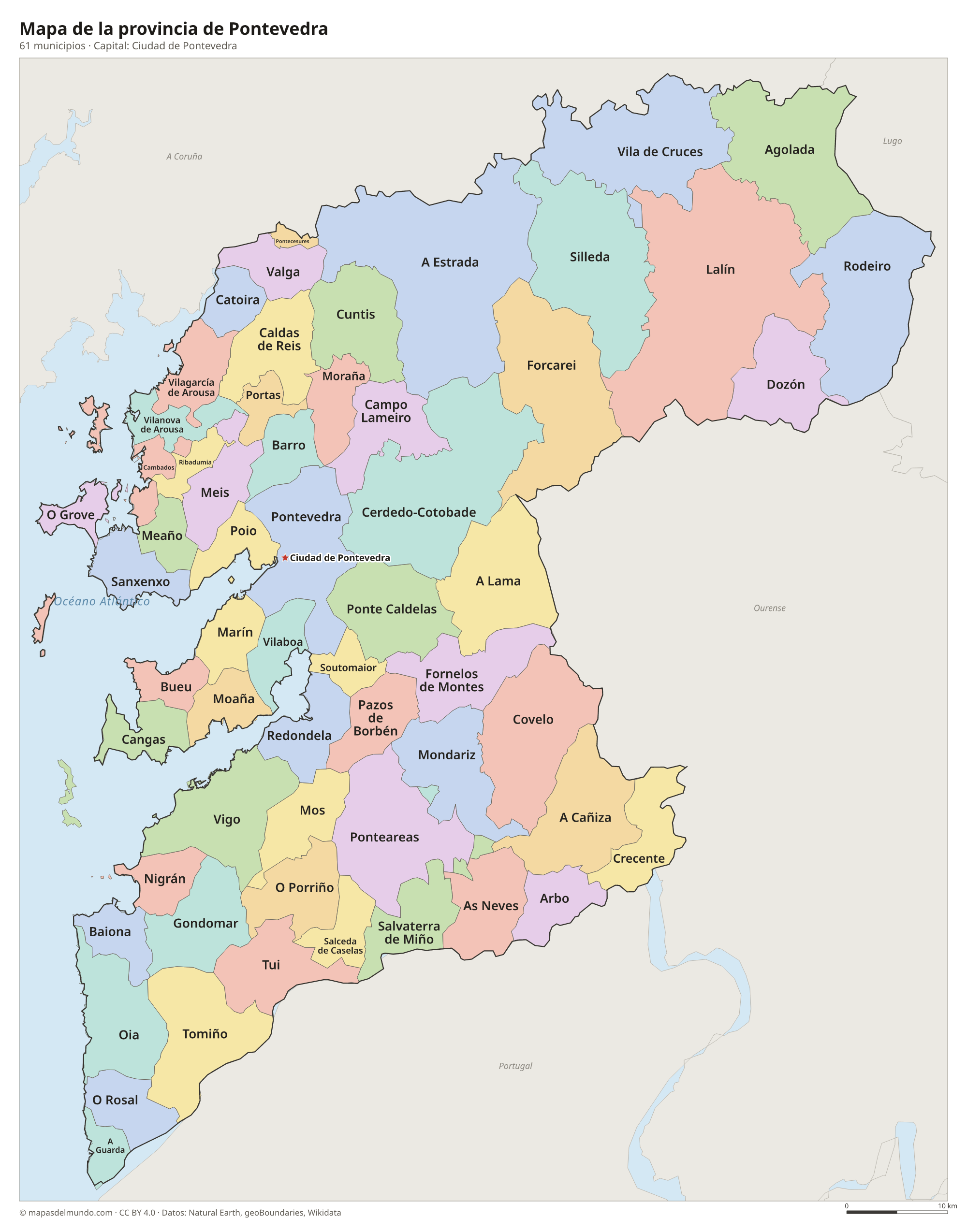 Mapa de la provincia de Pontevedra con sus 61 municipios