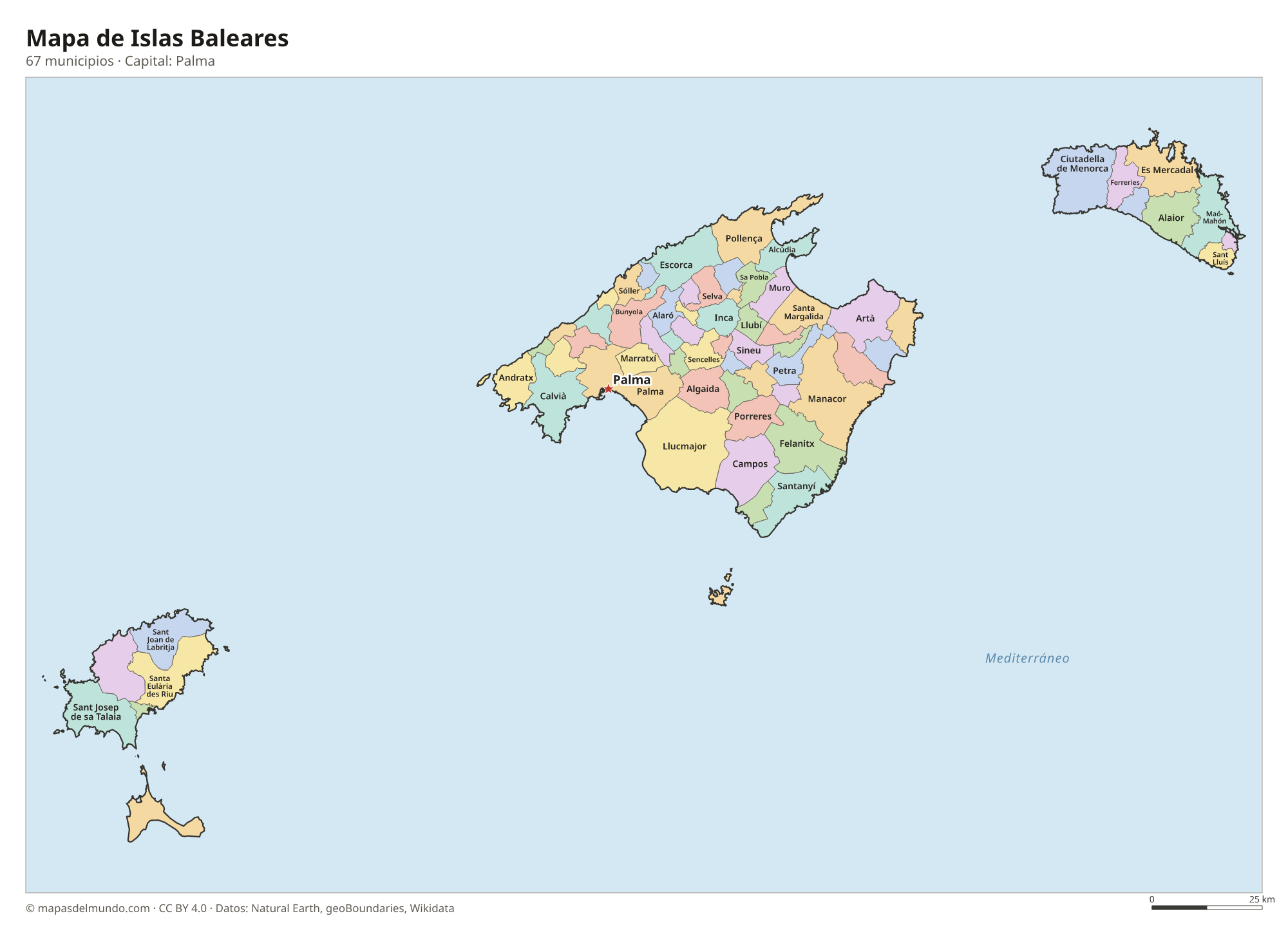 Mapa de Islas Baleares con sus 67 municipios