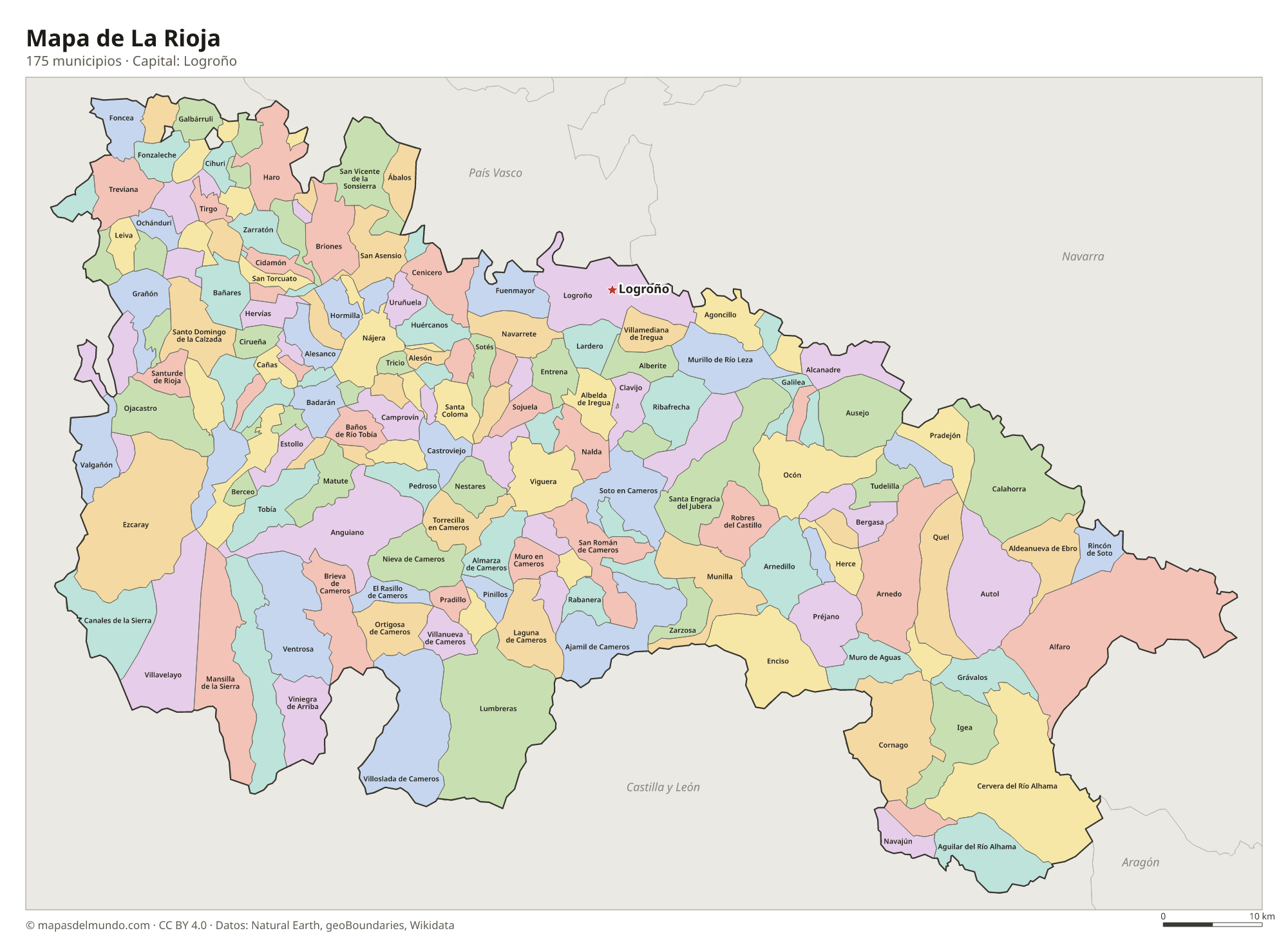 Mapa de La Rioja con sus 175 municipios