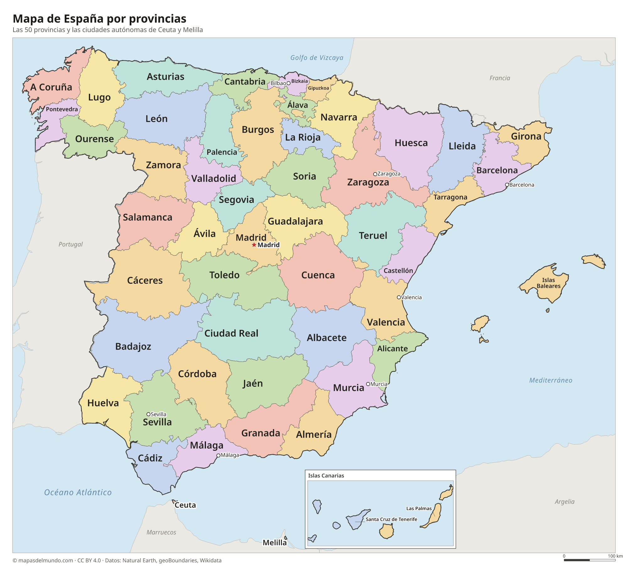 Mapa de España por provincias con los nombres de las 50 provincias, Ceuta y Melilla