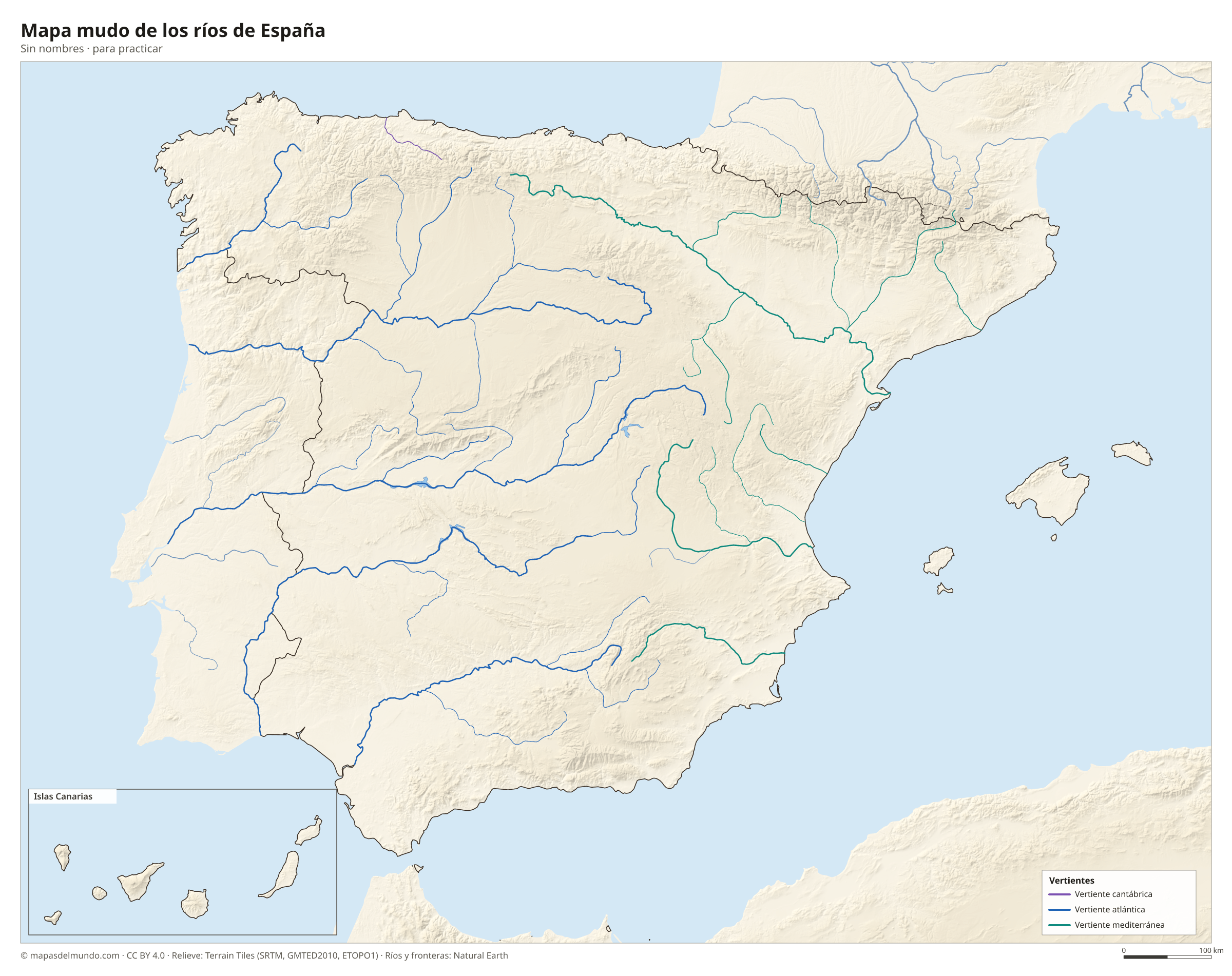 Mapa mudo de los ríos de España sin nombres