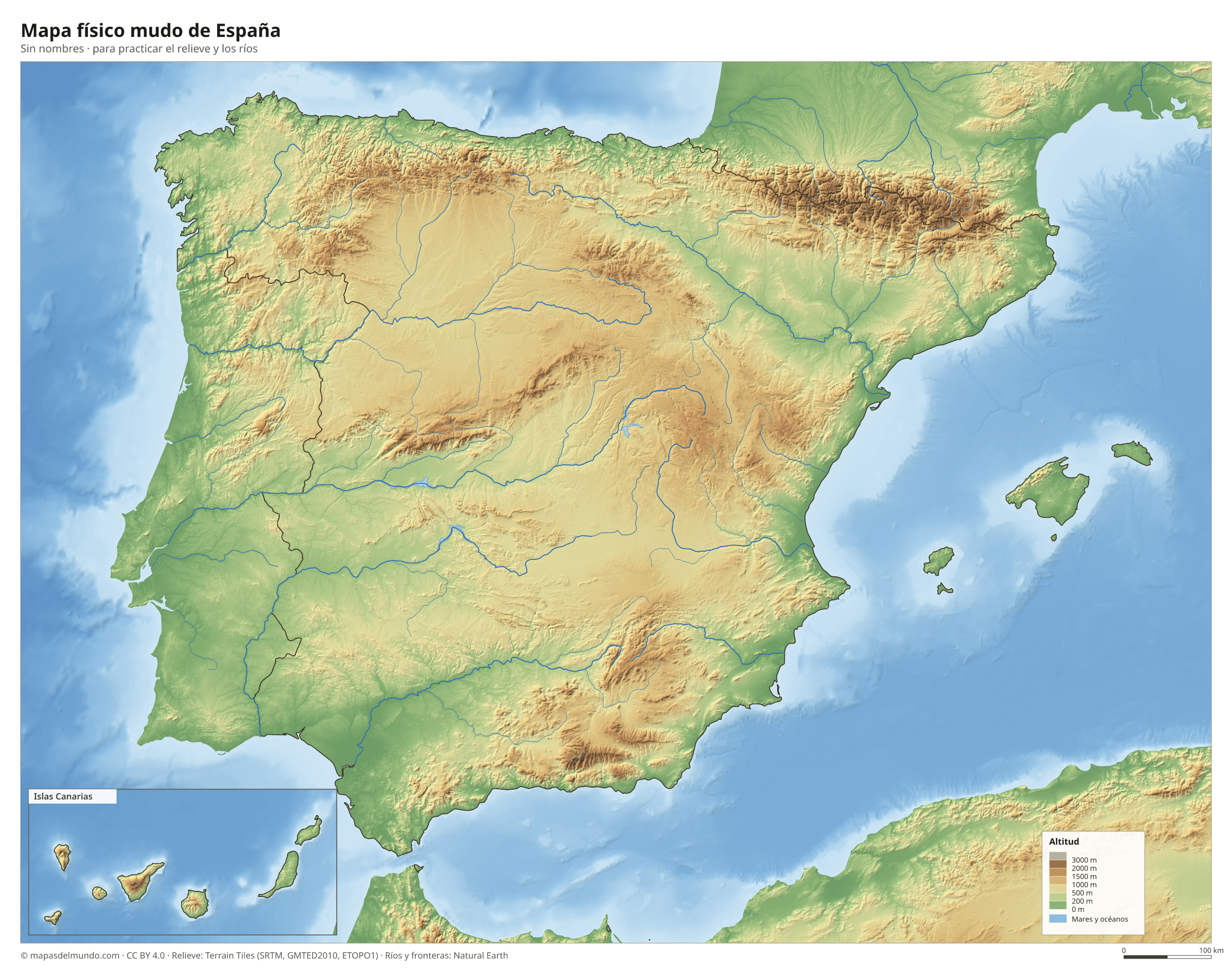 Mapa físico mudo de España sin nombres