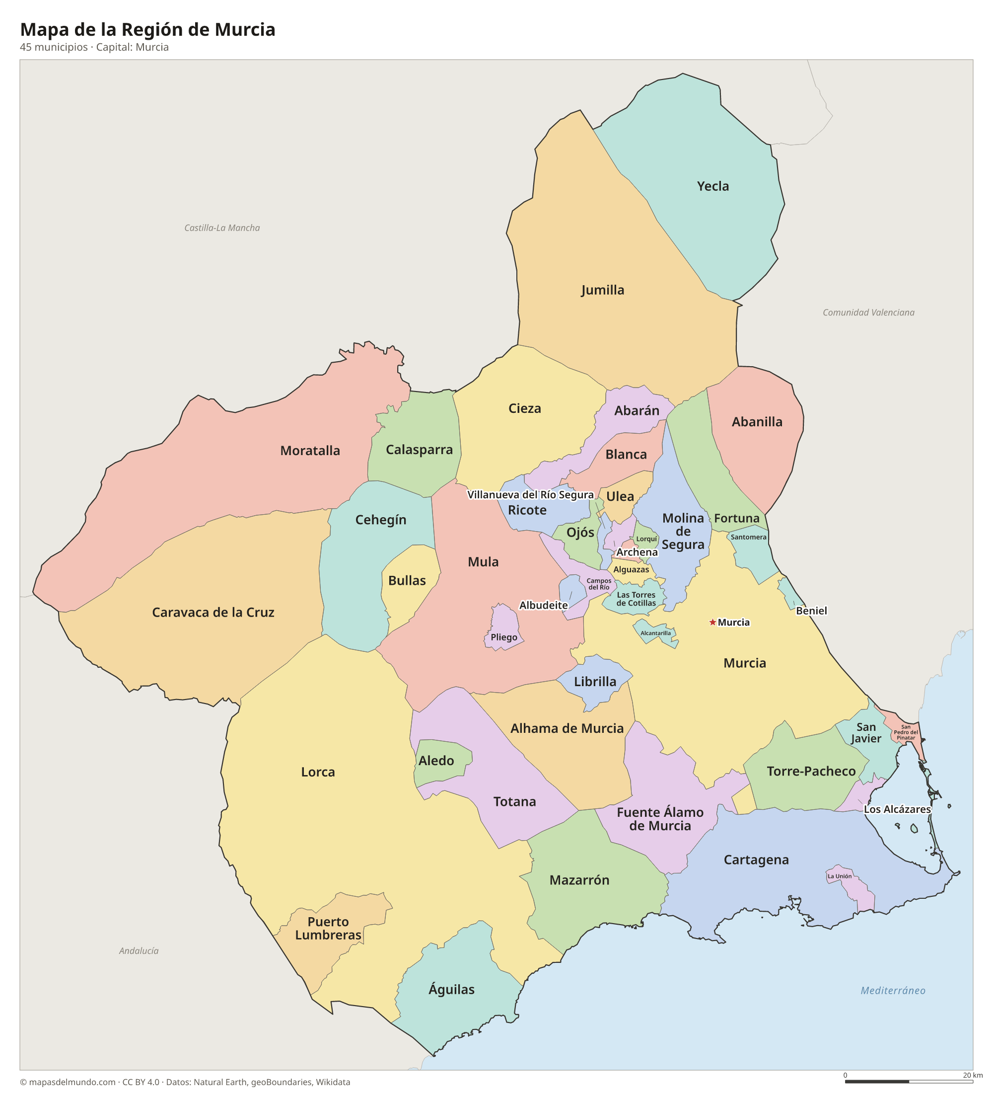 Mapa de la Región de Murcia con sus 45 municipios