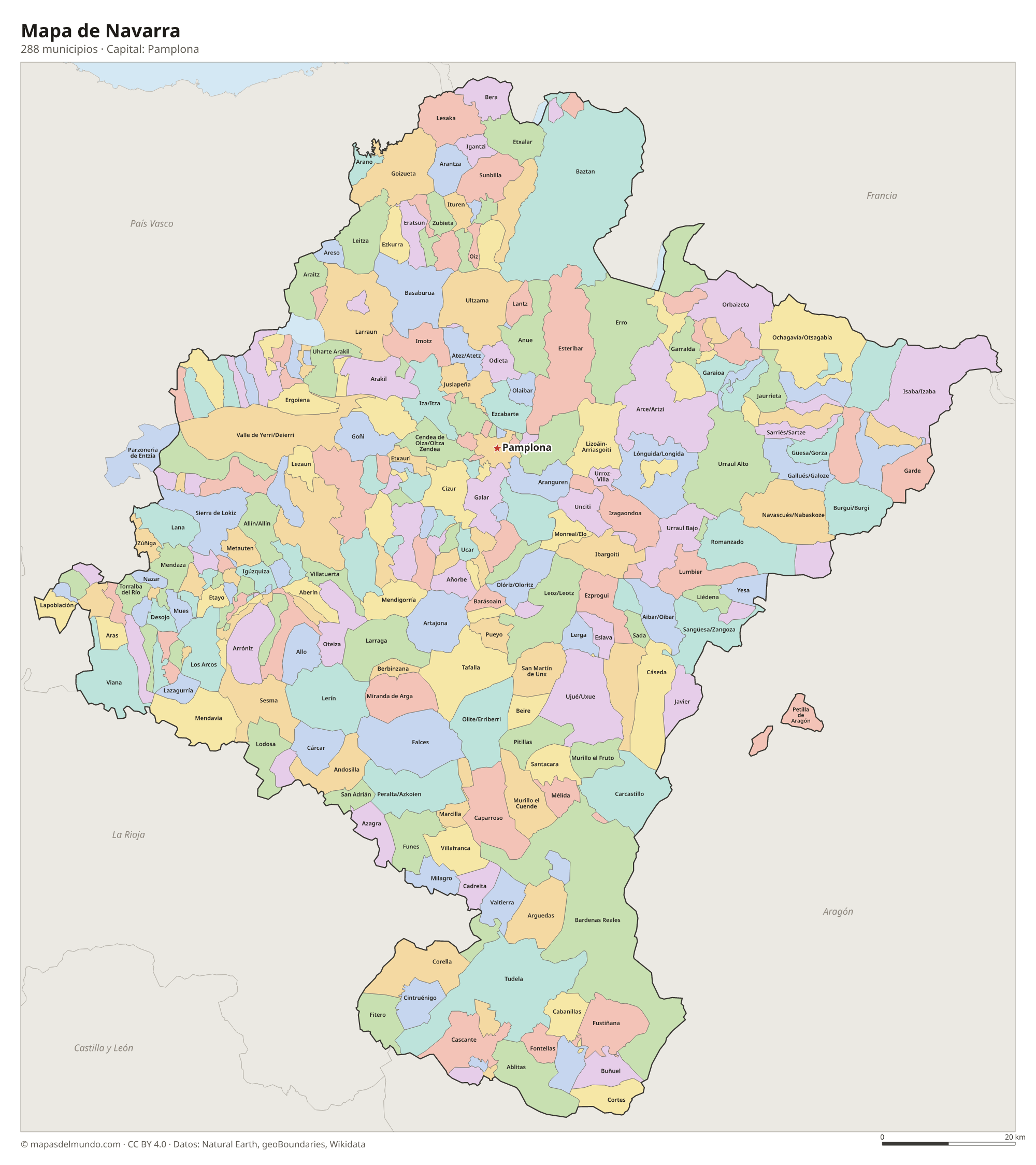 Mapa de Navarra con sus 288 municipios