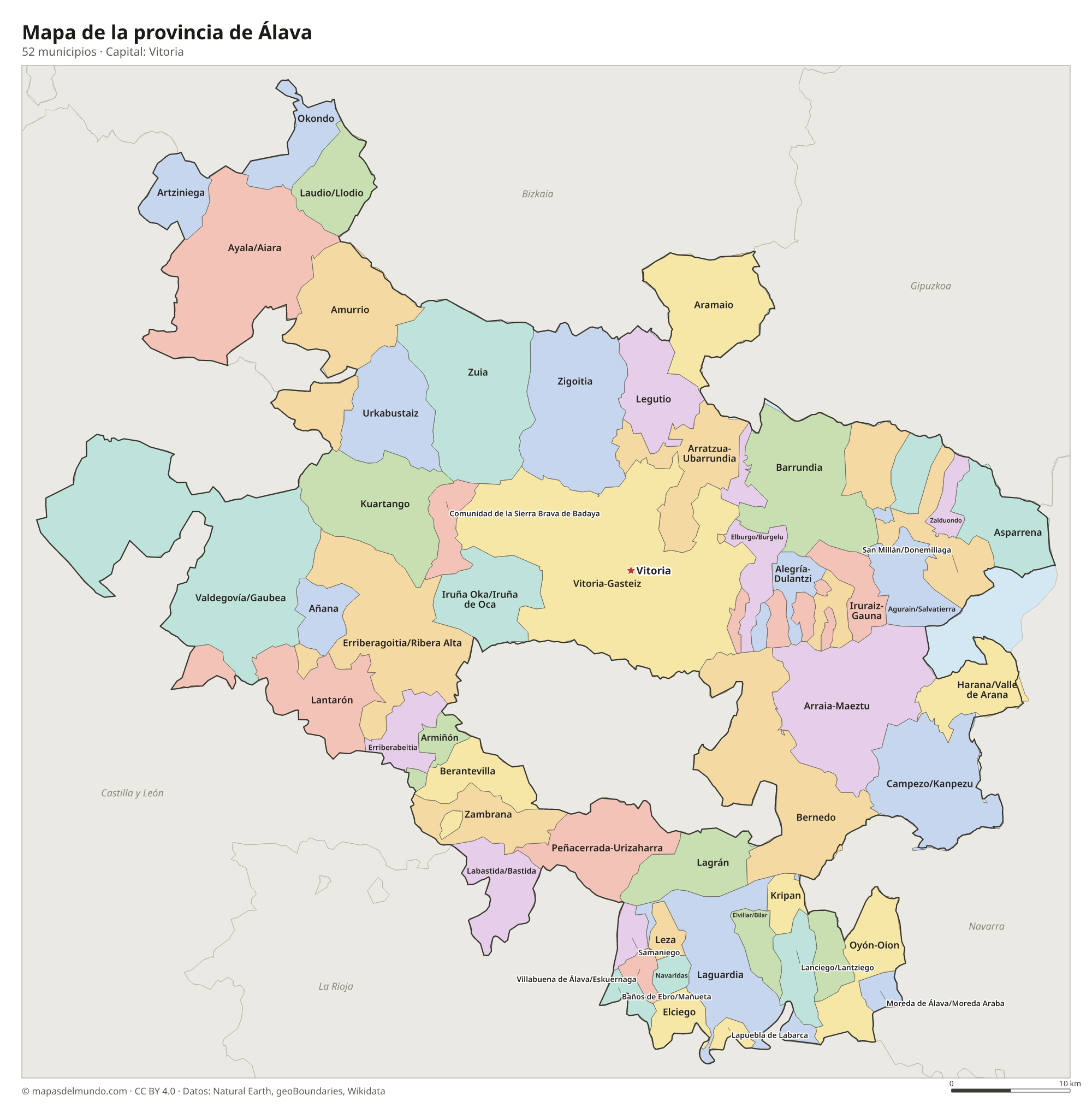 Mapa de la provincia de Álava con sus 52 municipios