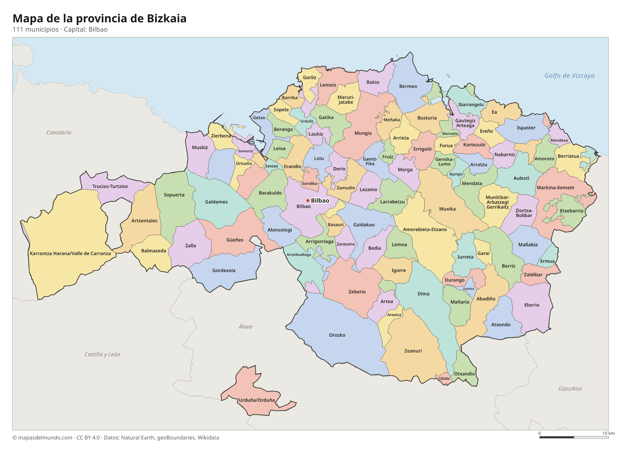 Mapa de la provincia de Bizkaia con sus 111 municipios