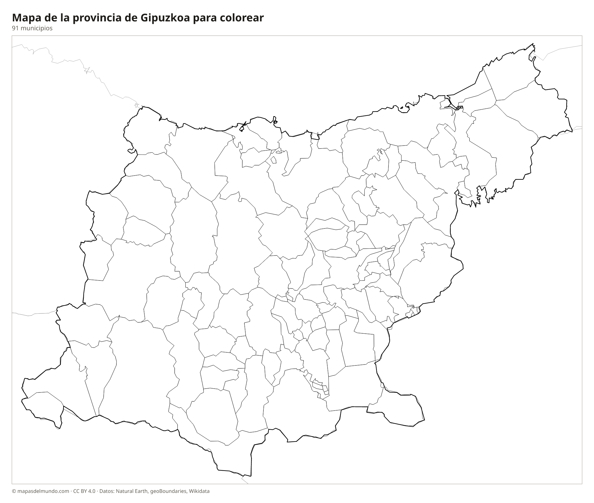 Mapa de la provincia de Gipuzkoa para colorear