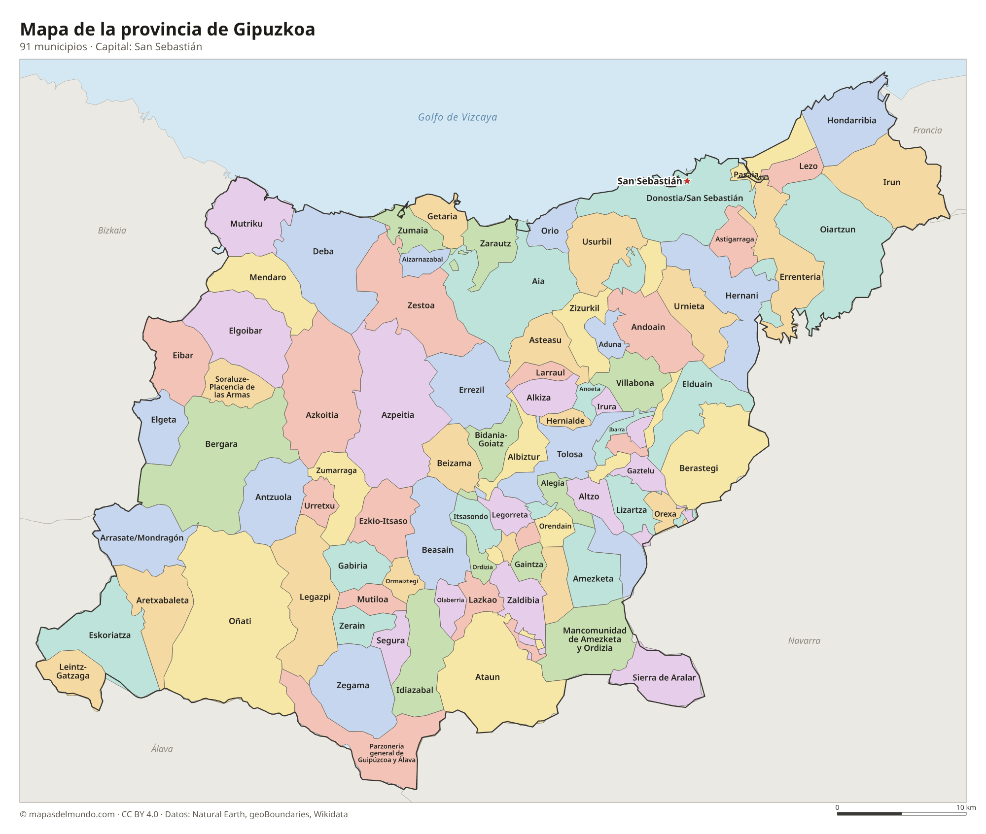 Mapa de la provincia de Gipuzkoa con sus 91 municipios