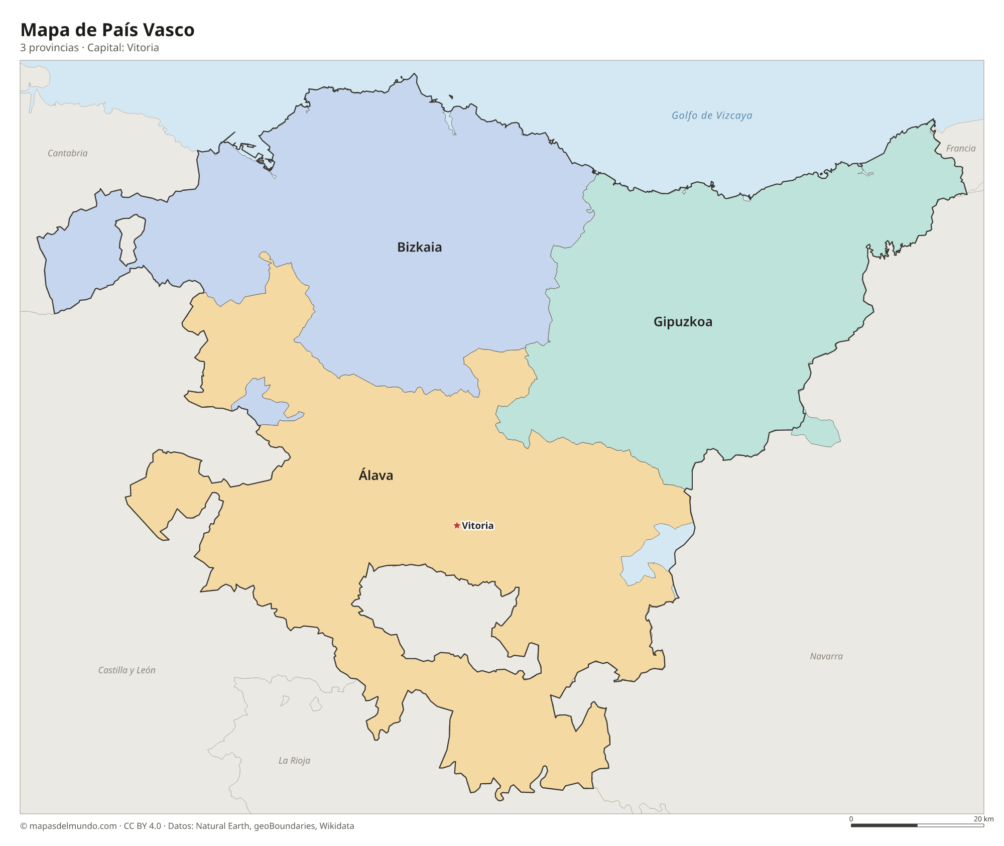 Mapa de País Vasco con sus 3 provincias
