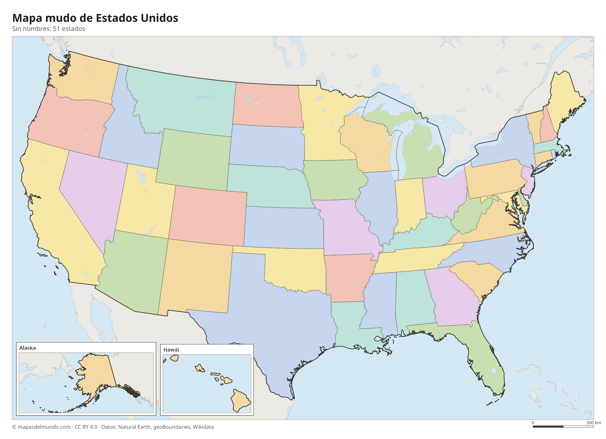Mapa mudo de Estados Unidos sin nombres