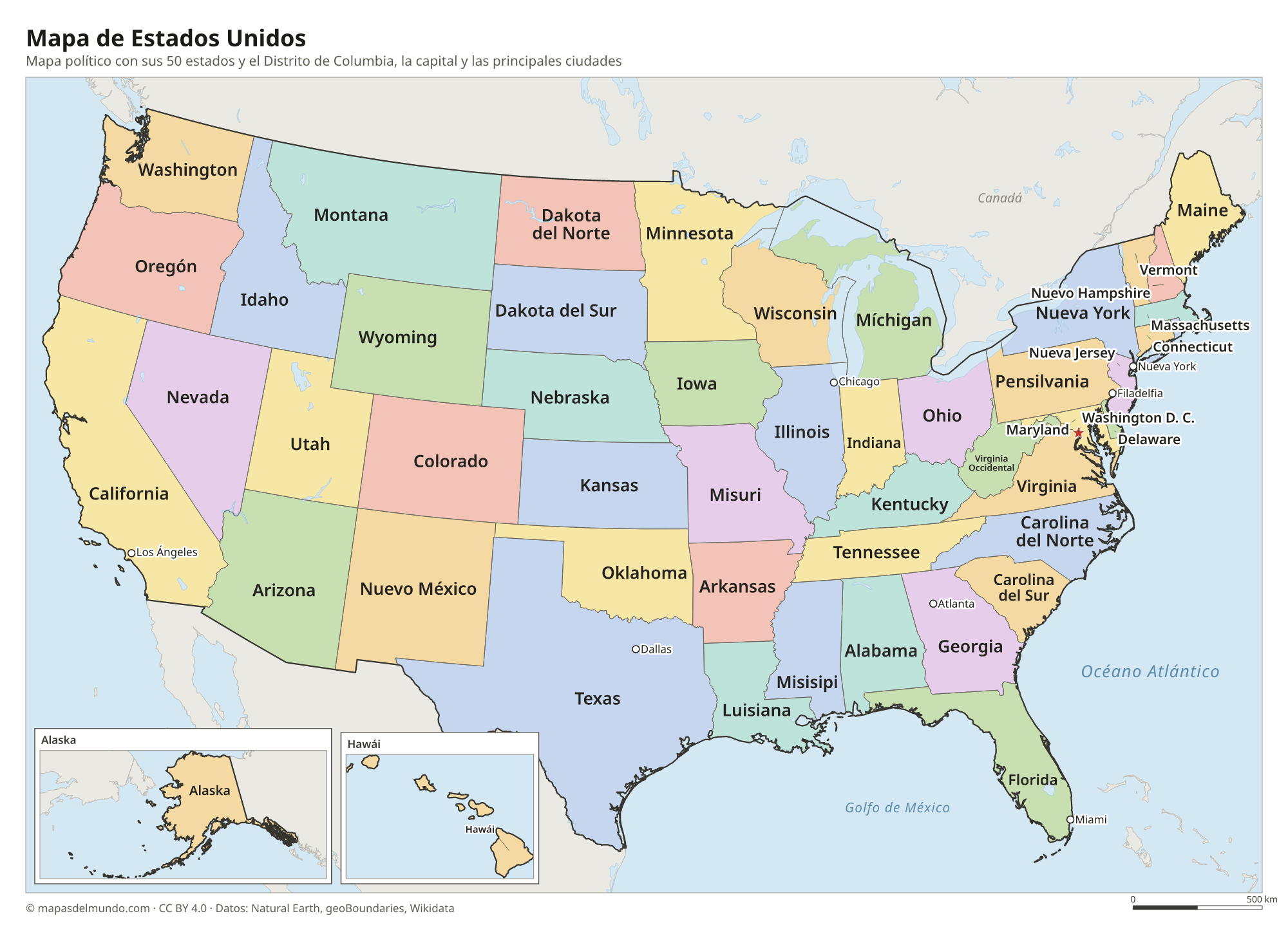 Mapa político de Estados Unidos con sus estados y la capital Washington D. C.