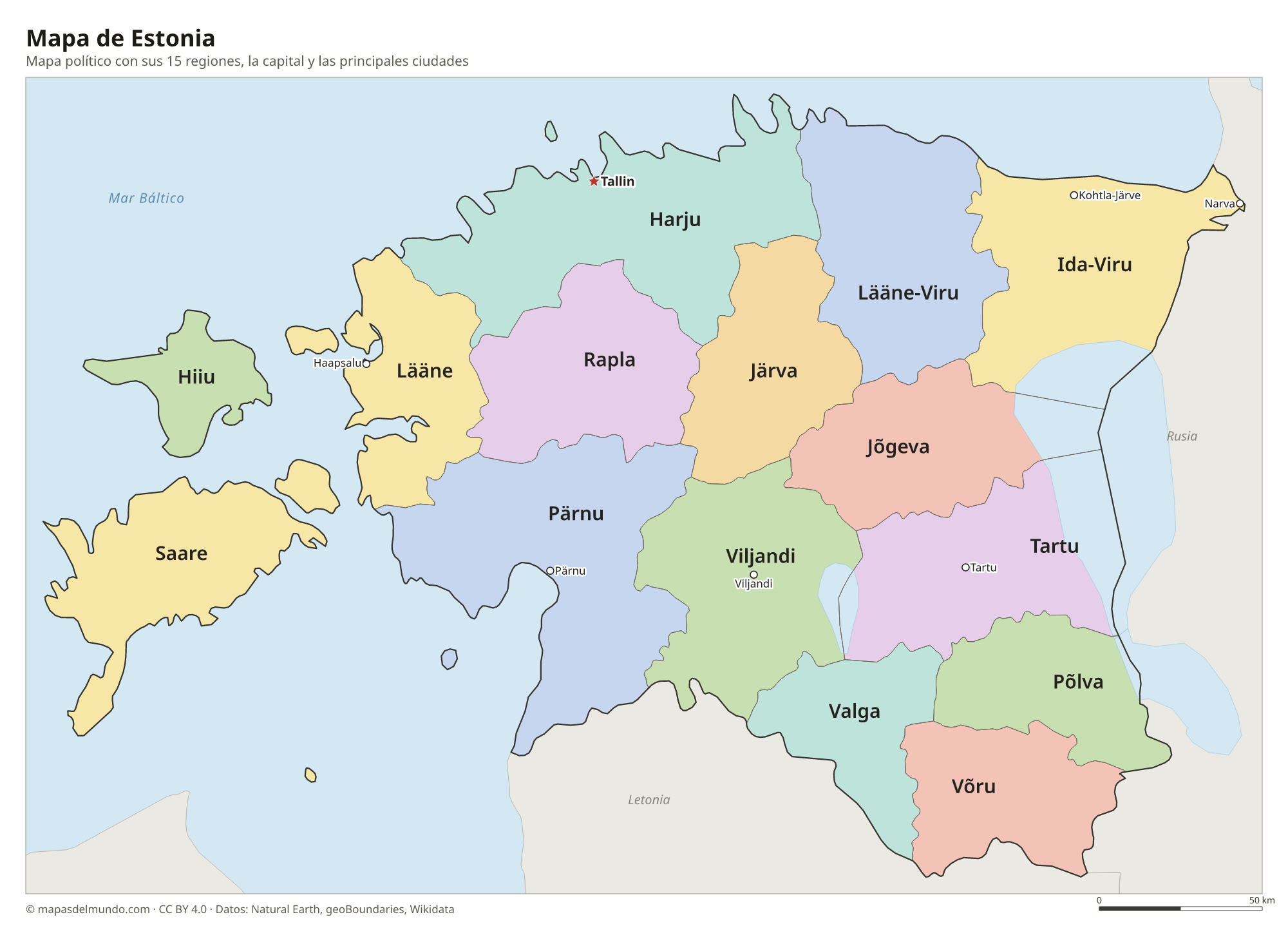 Mapa político de Estonia con sus regiones y la capital Tallin