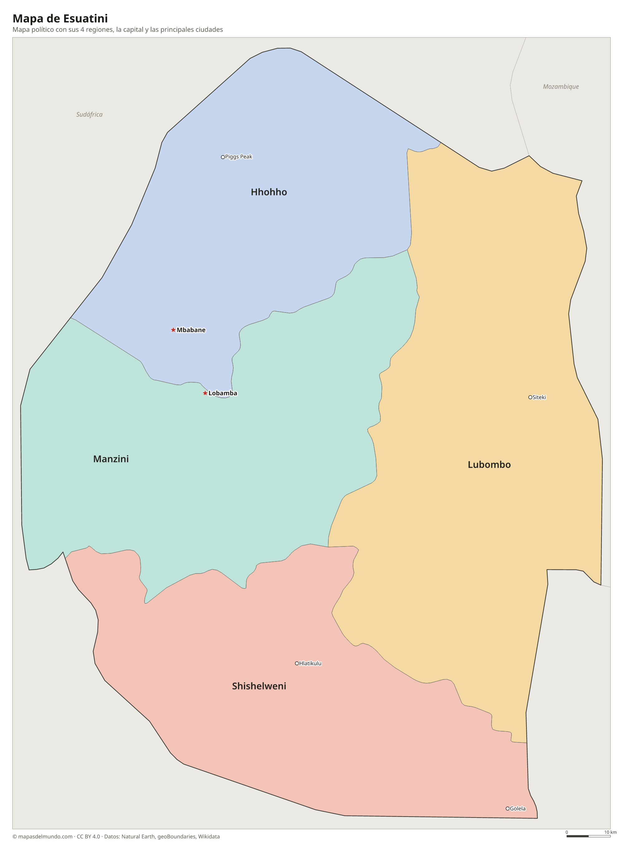 Mapa político de Esuatini con sus regiones y la capital Lobamba y Mbabane