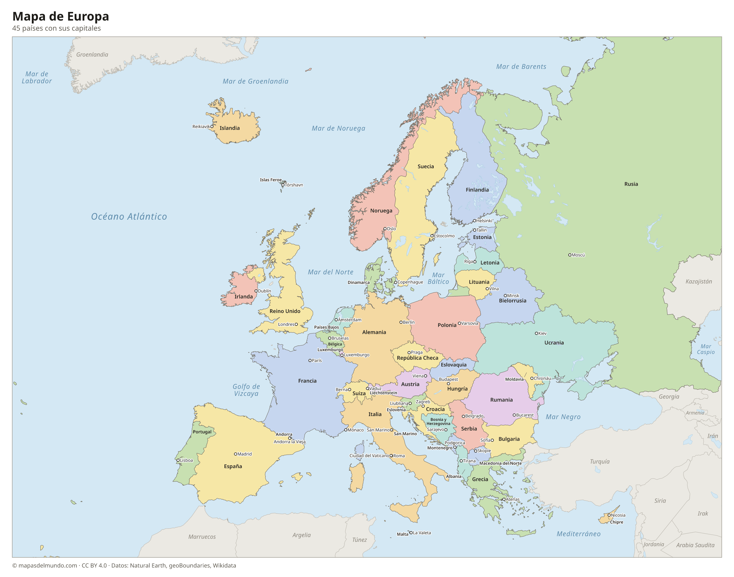 Mapa de Europa con los países y sus capitales