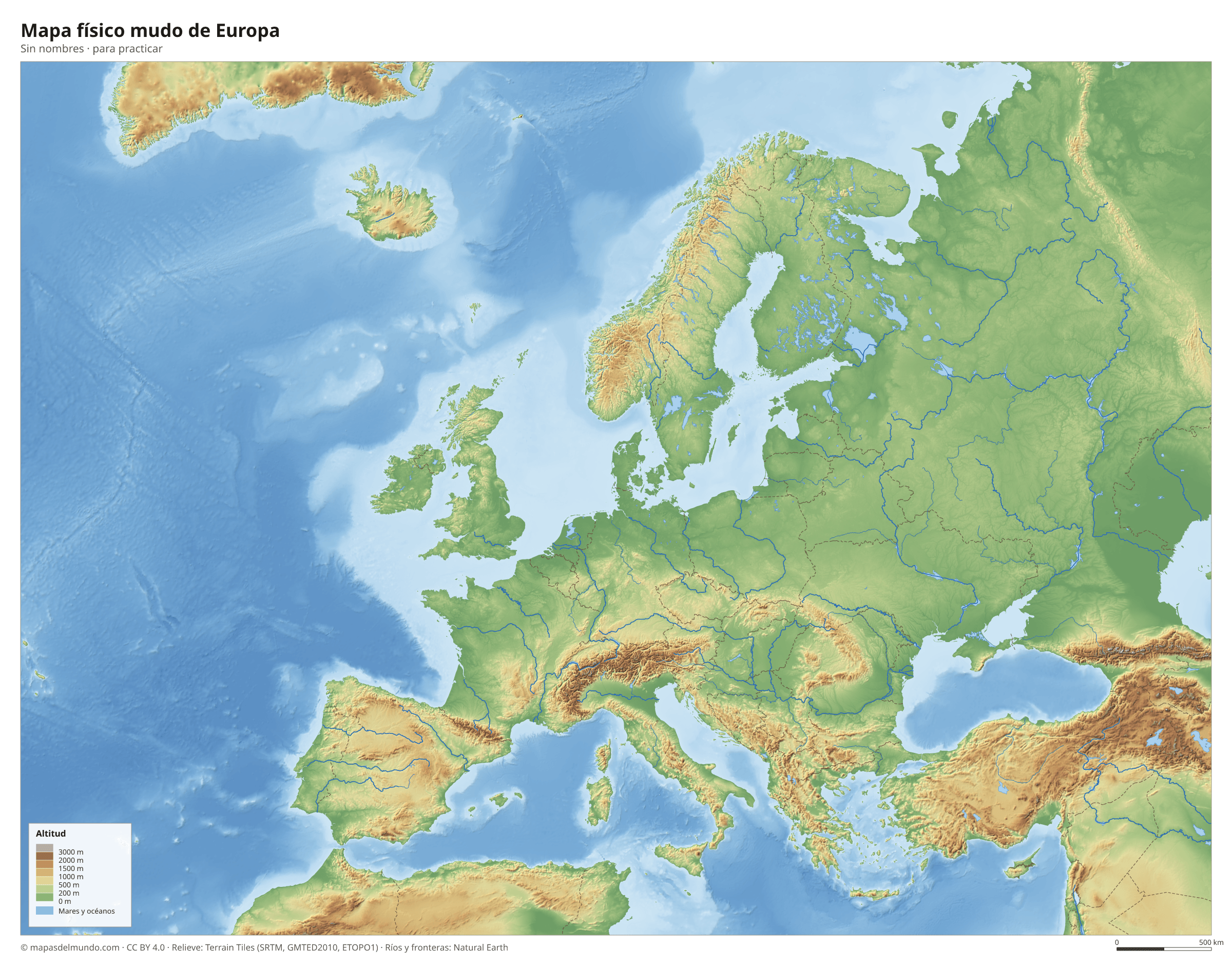 Mapa físico mudo de Europa sin nombres