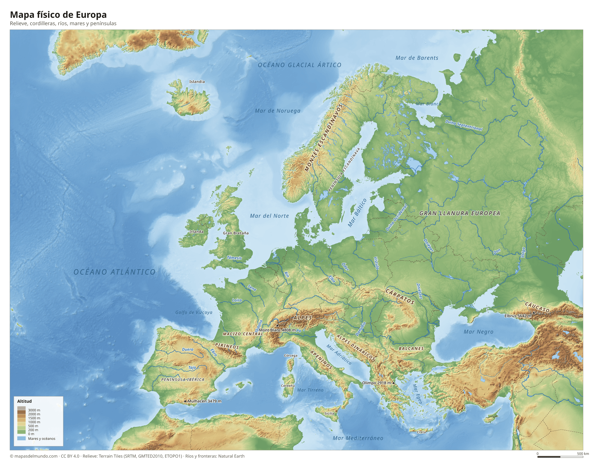 Mapa físico de Europa con el relieve, las cordilleras, los ríos, los mares y las penínsulas