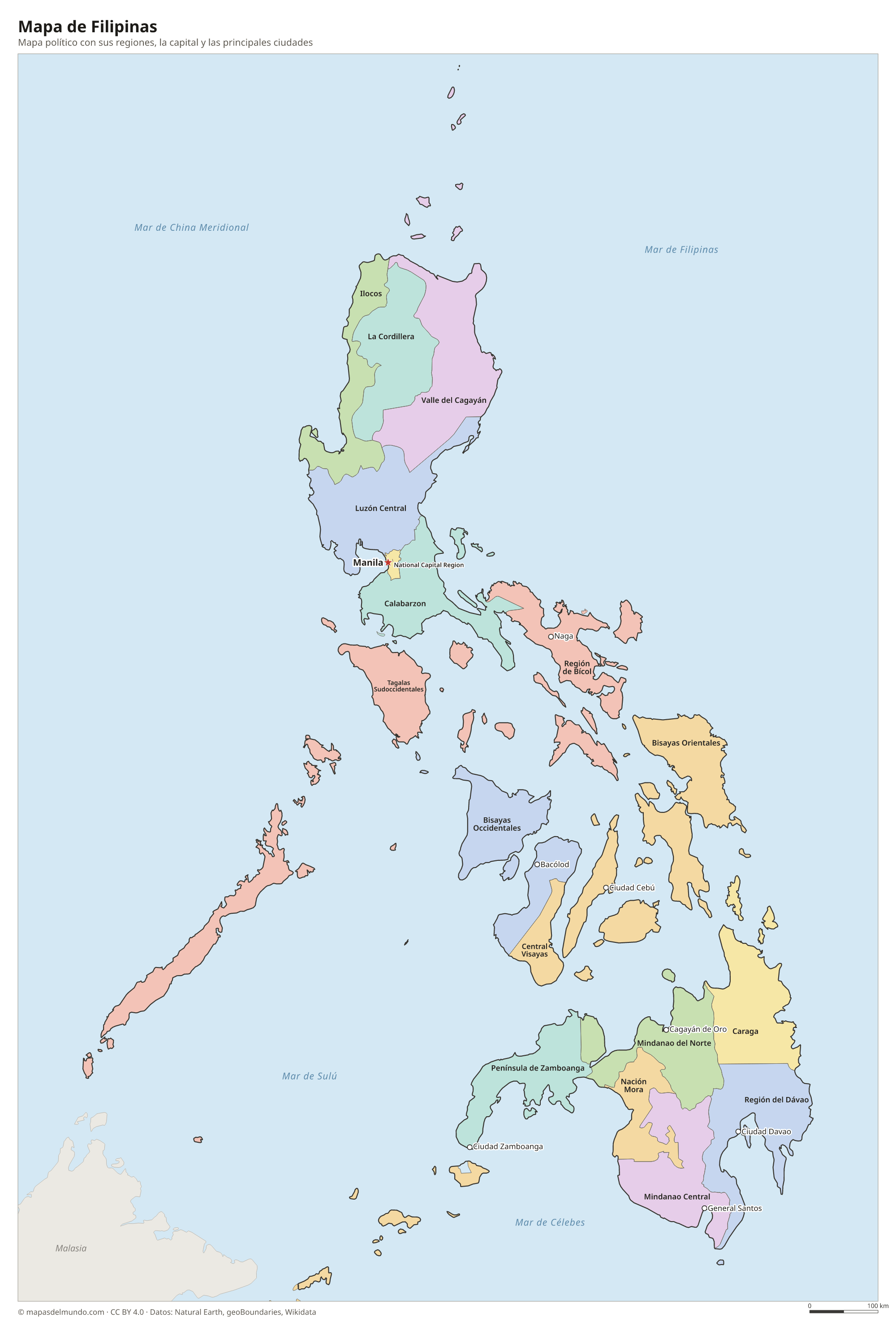Mapa político de Filipinas con sus regiones y la capital Manila