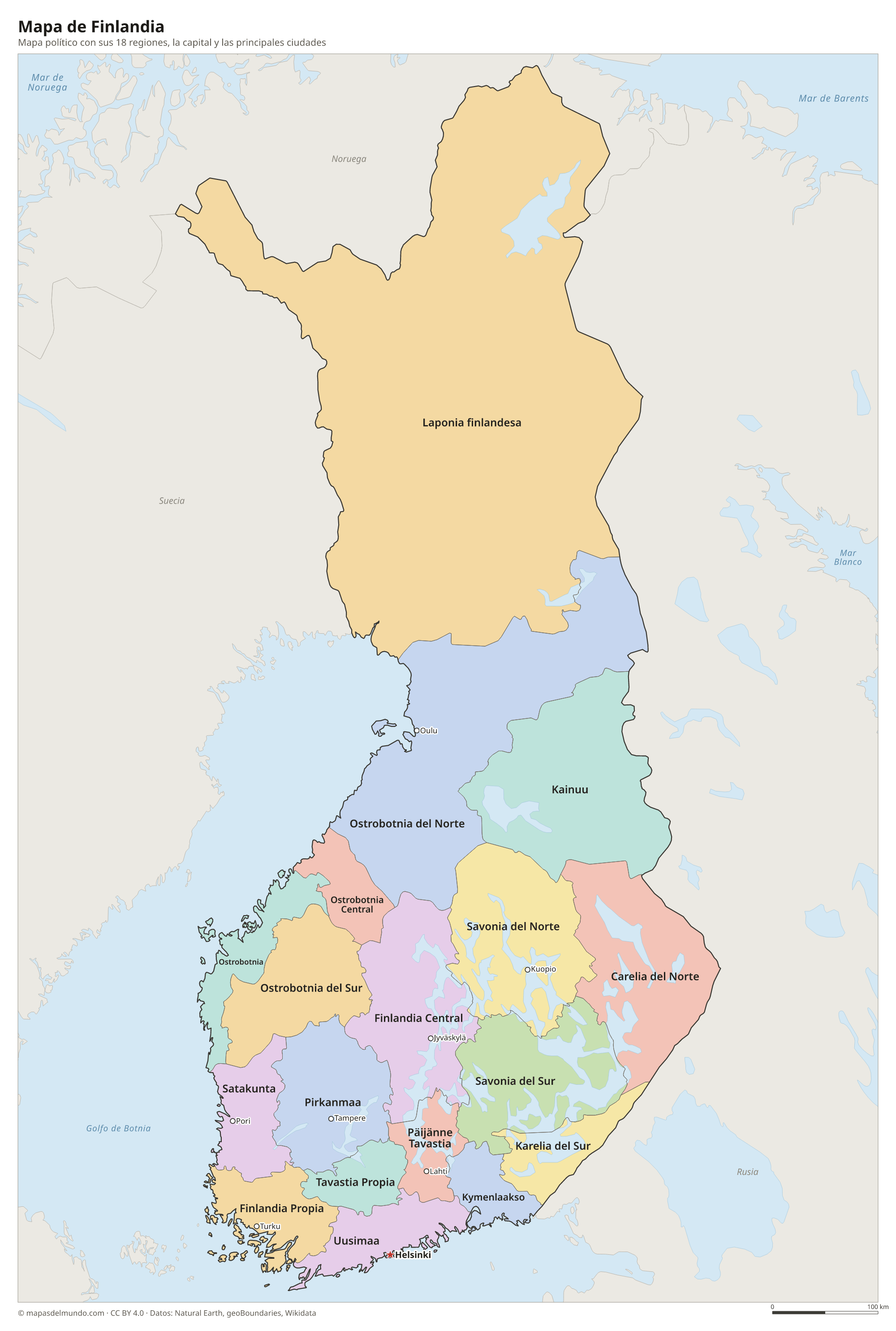 Mapa político de Finlandia con sus regiones y la capital Helsinki