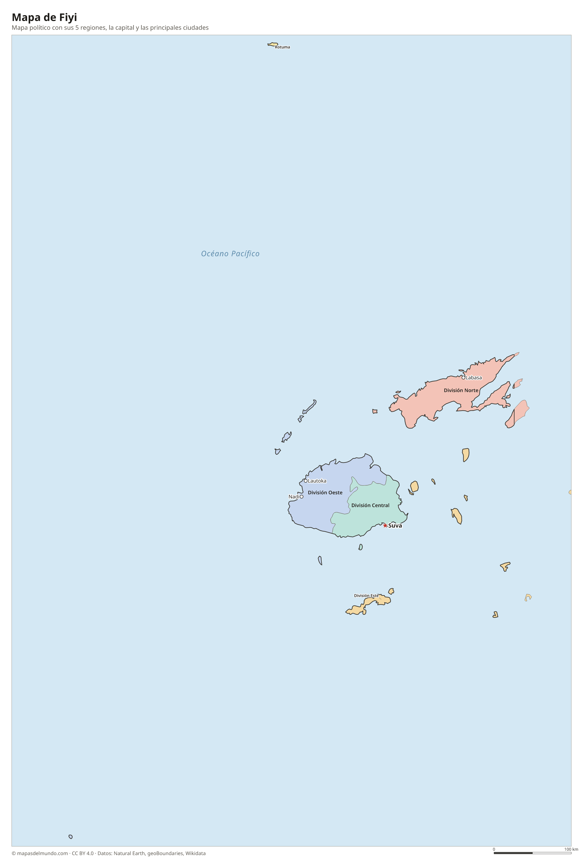 Mapa político de Fiyi con sus regiones y la capital Suva