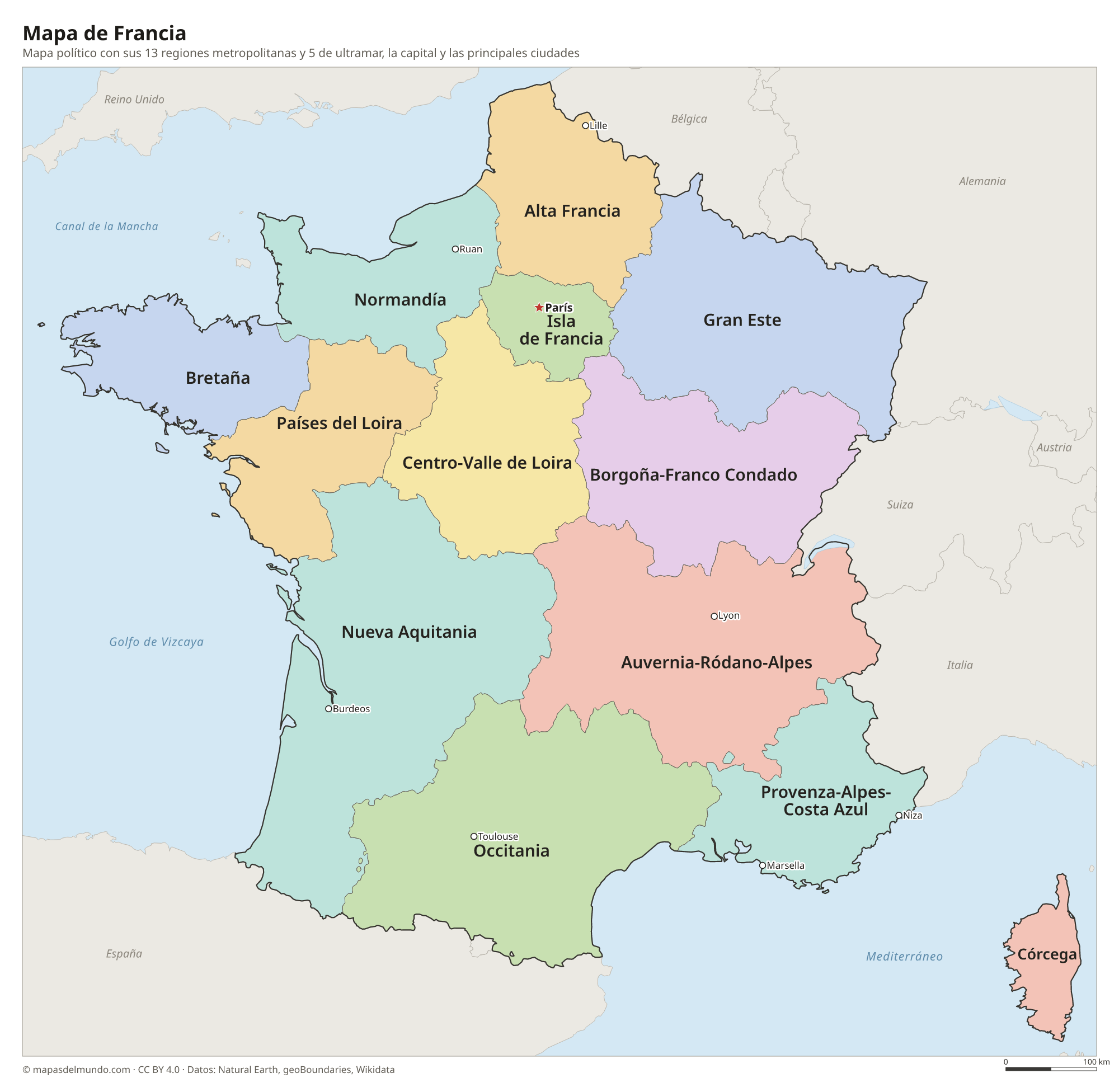 Mapa político de Francia con sus regiones y la capital París