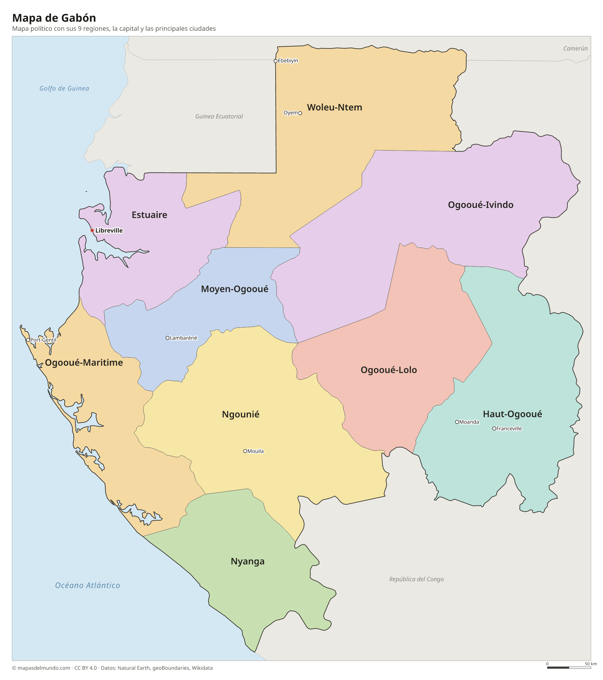 Mapa político de Gabón con sus regiones y la capital Libreville
